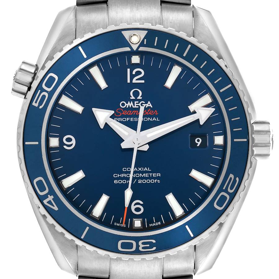 The Omega Planet Ocean watch is shown from the front, displaying the dial, bezel, and bracelet top.