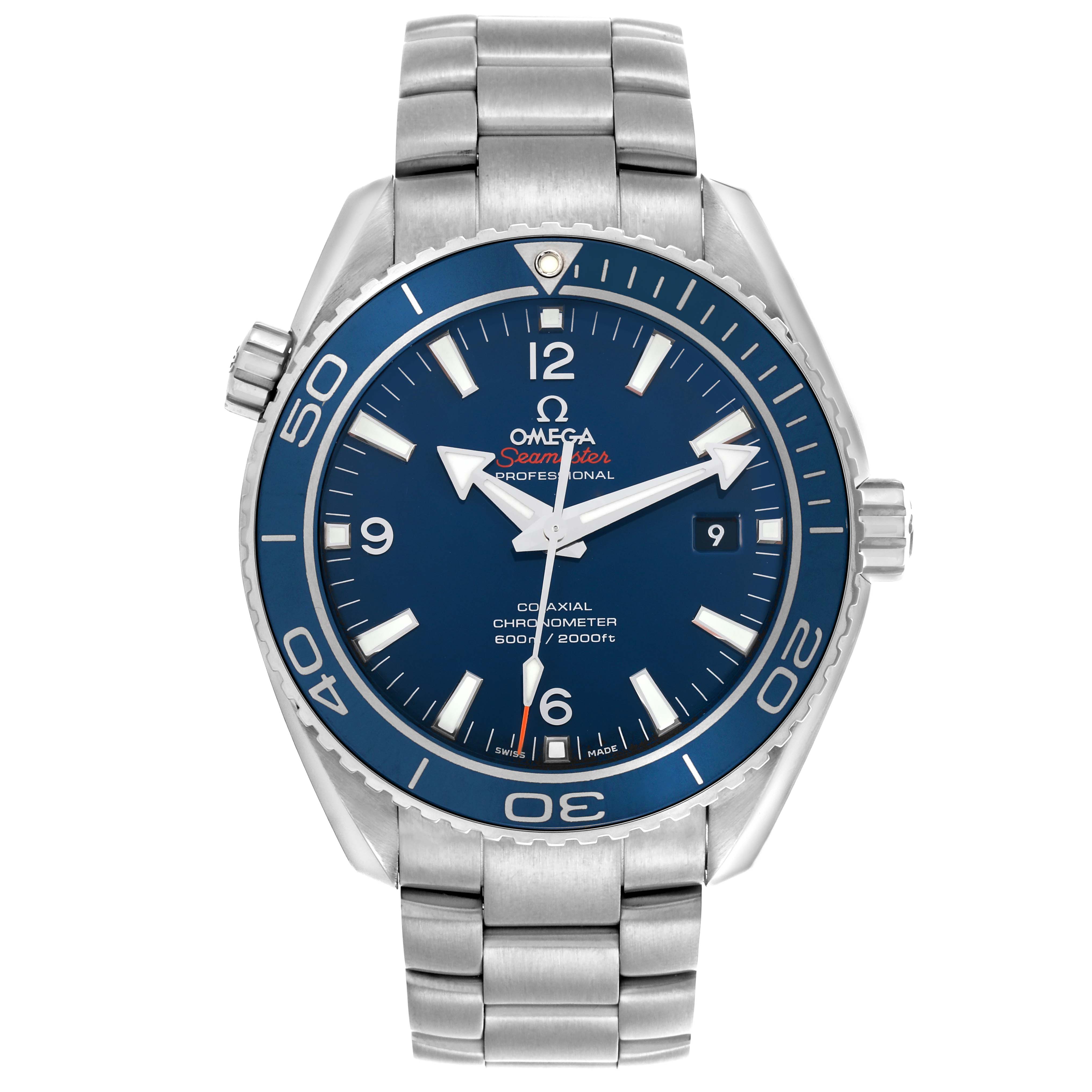 The Omega Planet Ocean 232.90.46.21.03.001 Men
s Titanium Blue Dial 232.90.46.21.03.001 Men
s Titanium Blue Dial watch is shown from the front, highlighting the dial, bezel, and bracelet.