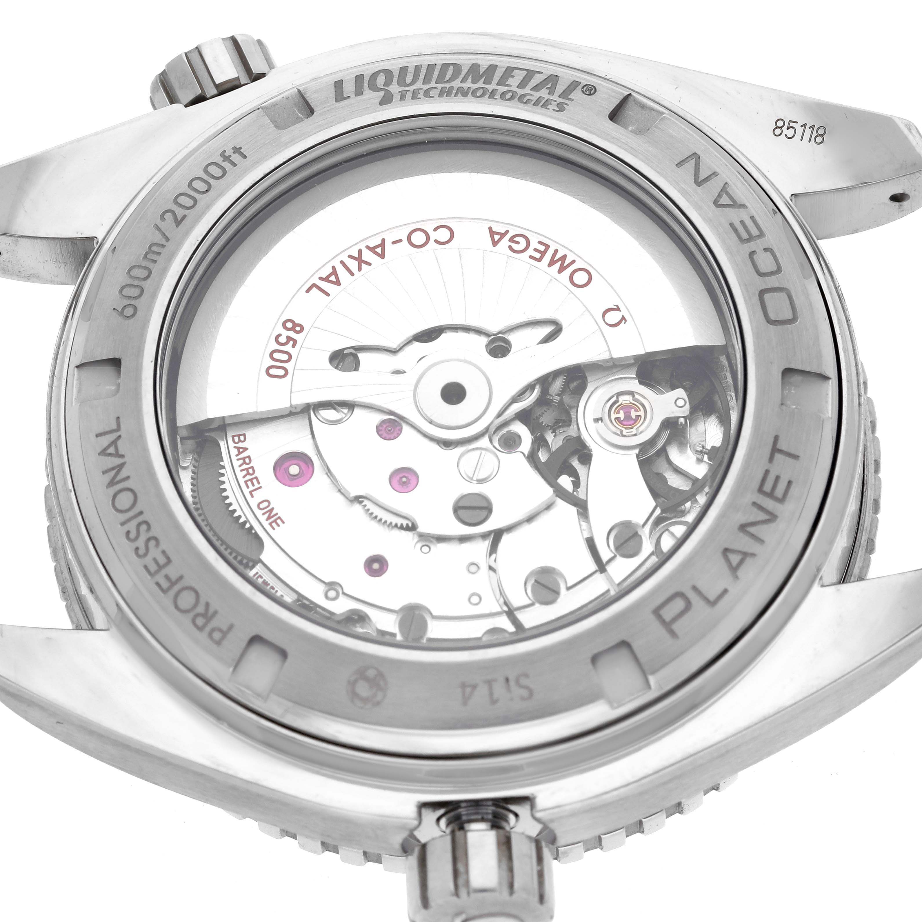 The image shows the back of the Omega Planet Ocean 232.90.46.21.03.001 Men
s Titanium Blue Dial 232.90.46.21.03.001 Men
s Titanium Blue Dial watch, highlighting its transparent case back and movement.