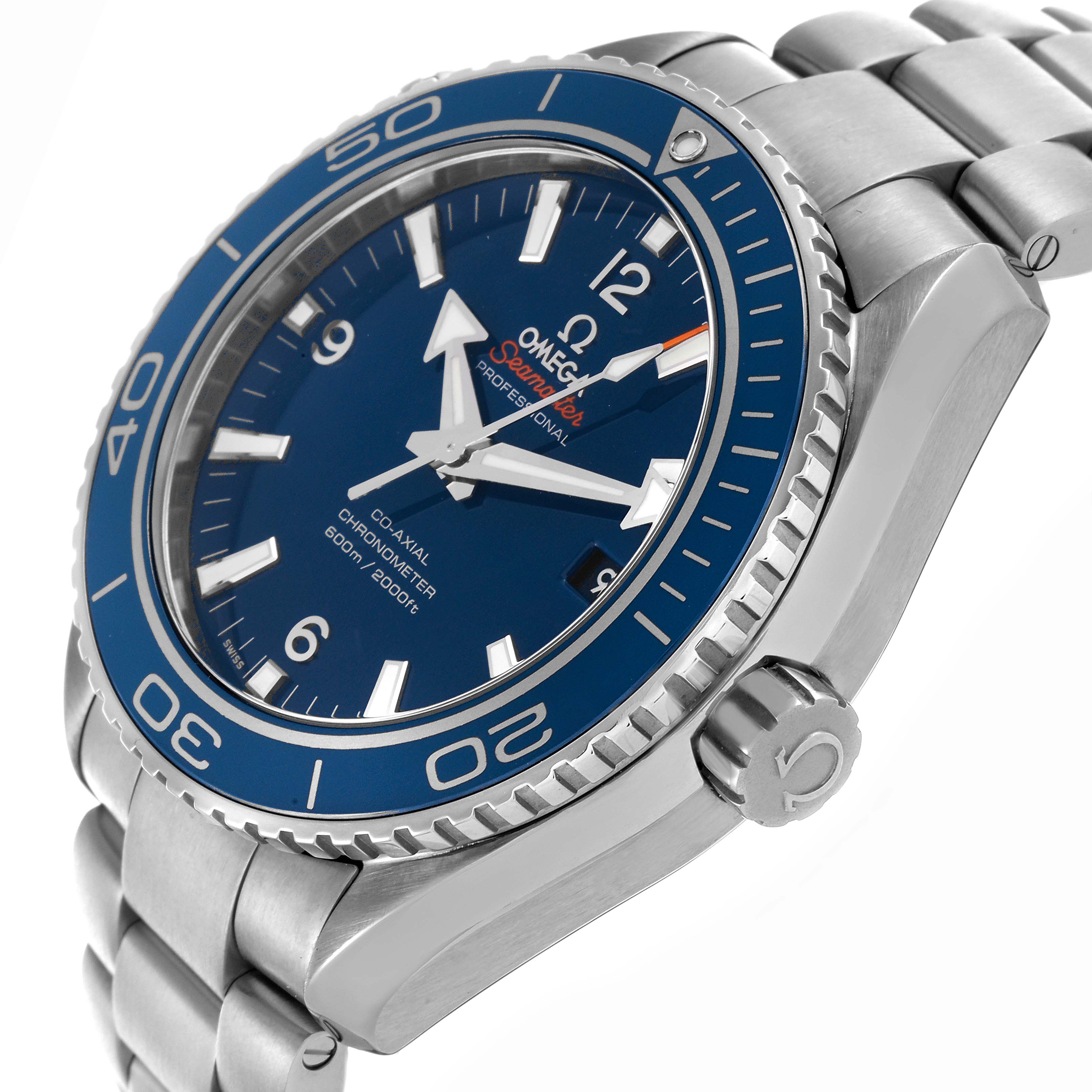 The Omega Planet Ocean 232.90.46.21.03.001 Men
s Titanium Blue Dial 232.90.46.21.03.001 Men
s Titanium Blue Dial watch is shown at a side angle highlighting the bezel, crown, and part of the bracelet.