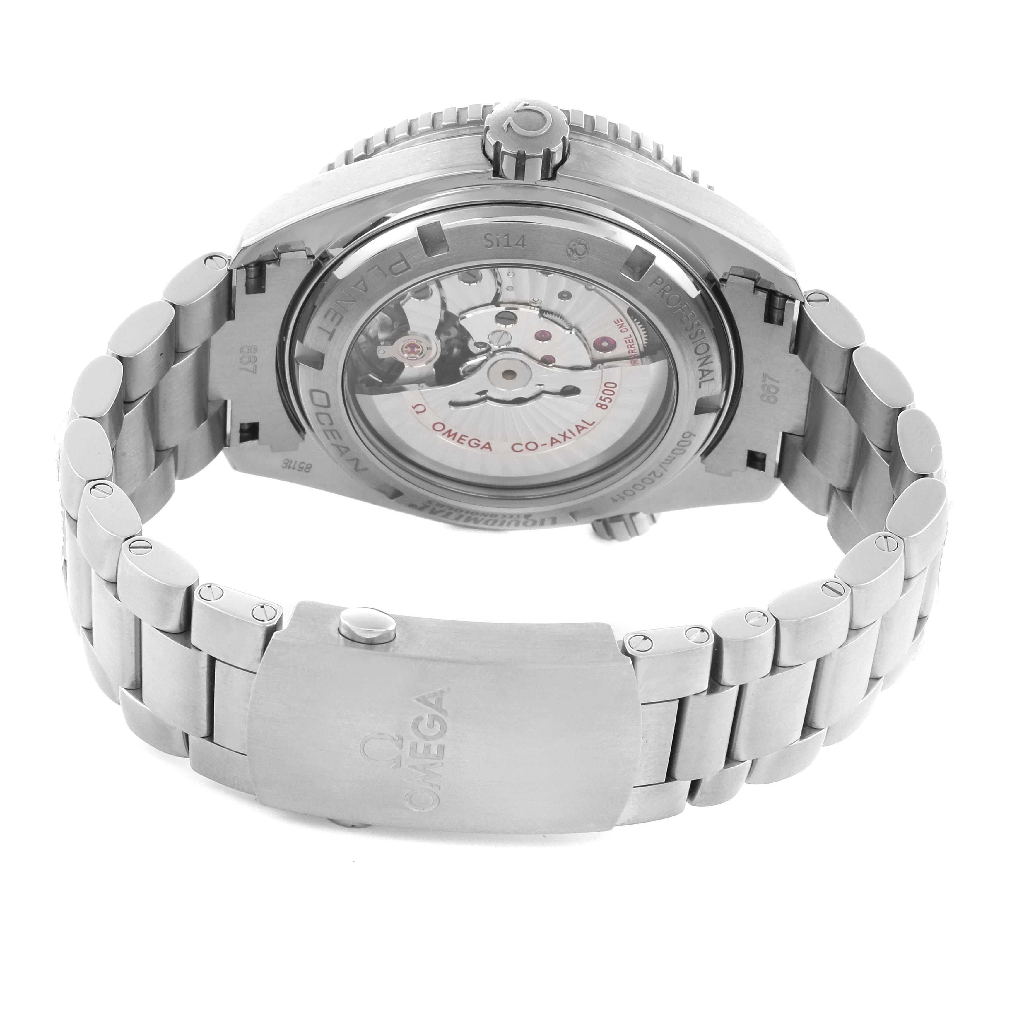 The image shows the back view of the Omega Planet Ocean 232.90.46.21.03.001 Men
s Titanium Blue Dial 232.90.46.21.03.001 Men
s Titanium Blue Dial watch, displaying the case back and stainless steel bracelet.