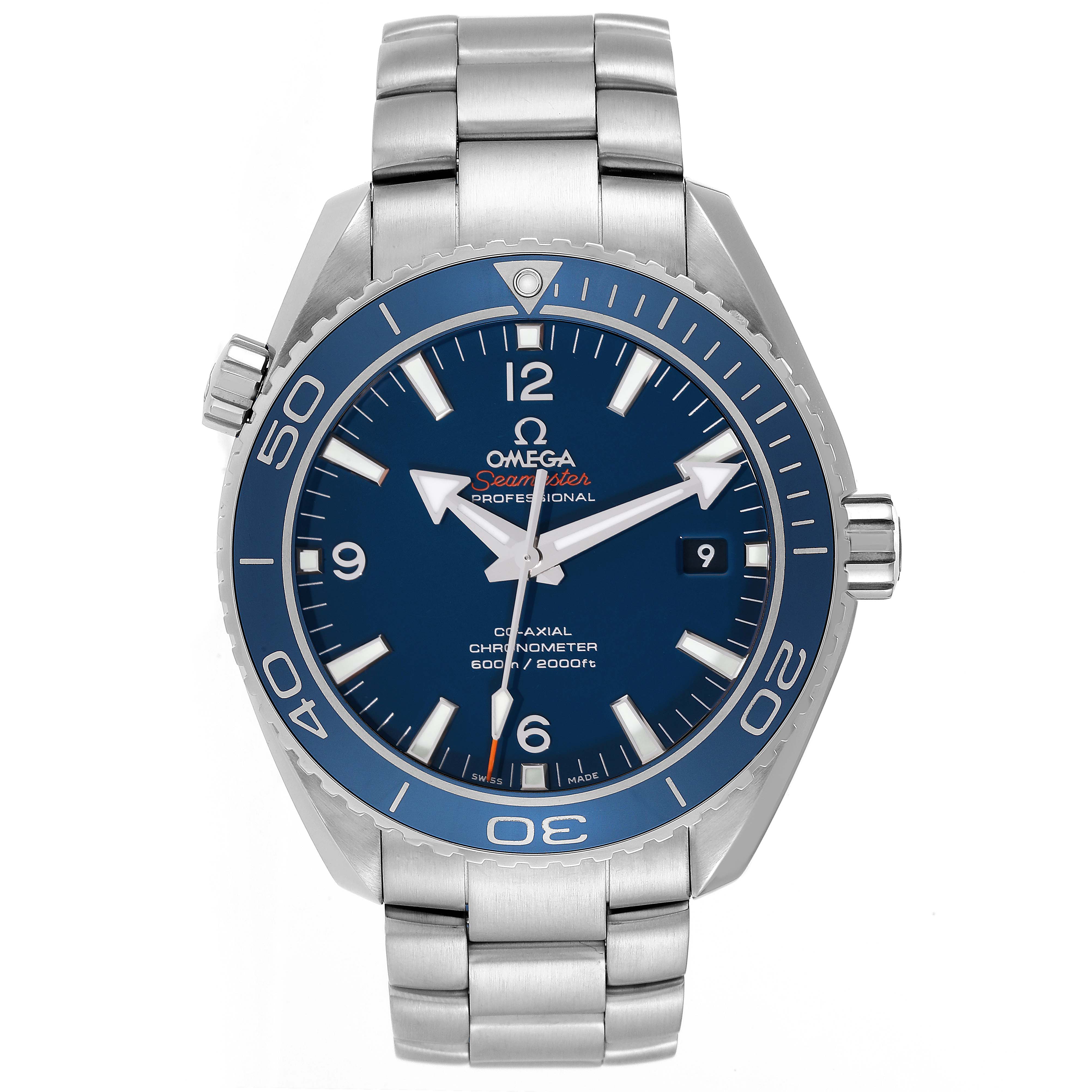The Omega Planet Ocean 232.90.46.21.03.001 Men
s Titanium Blue Dial 232.90.46.21.03.001 Men
s Titanium Blue Dial watch is shown from a frontal angle, displaying its blue dial, bezel, and stainless steel bracelet.