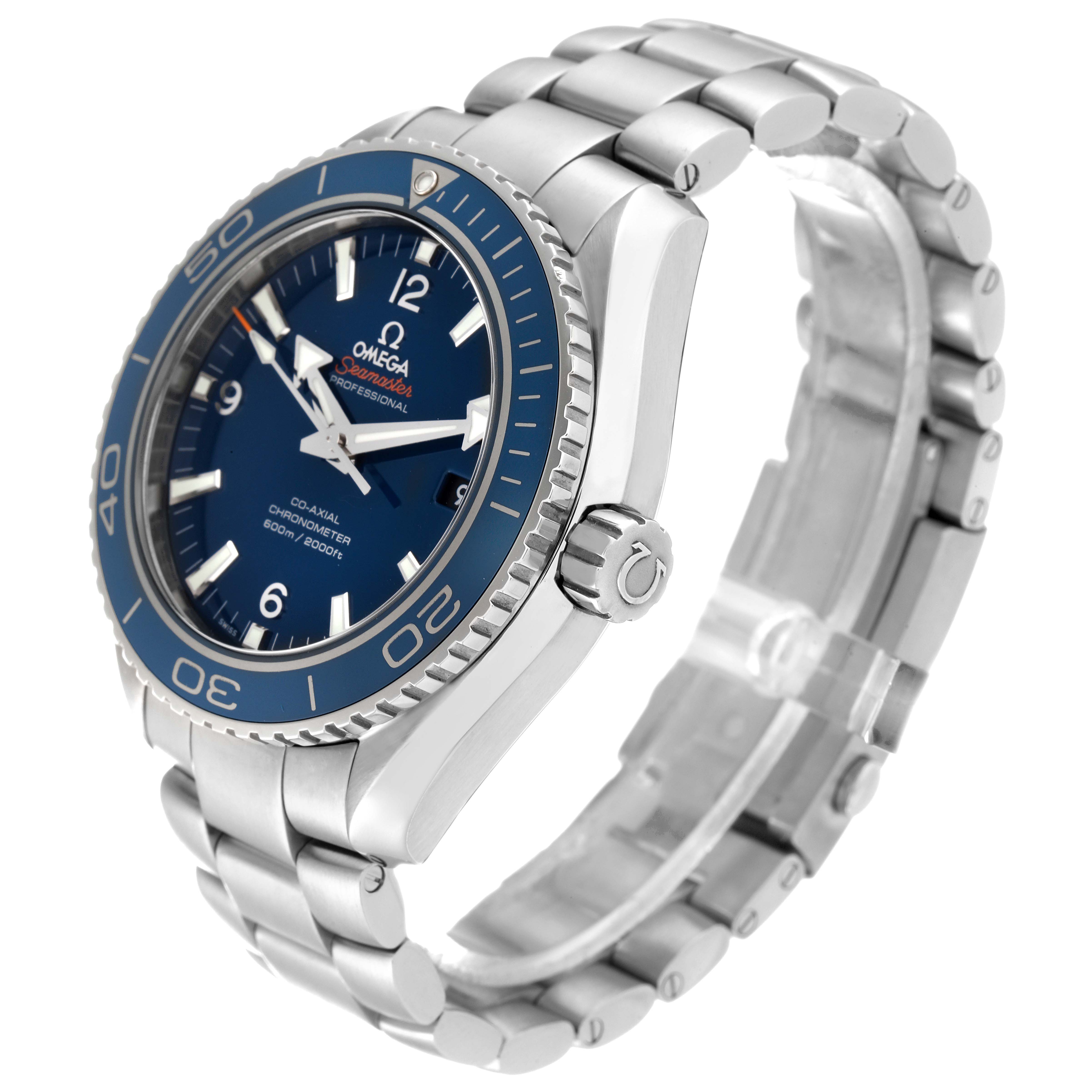 The image shows an angled view of an Omega Planet Ocean 232.90.46.21.03.001 Men
s Titanium Blue Dial 232.90.46.21.03.001 Men
s Titanium Blue Dial watch, highlighting the dial, bezel, crown, and bracelet.