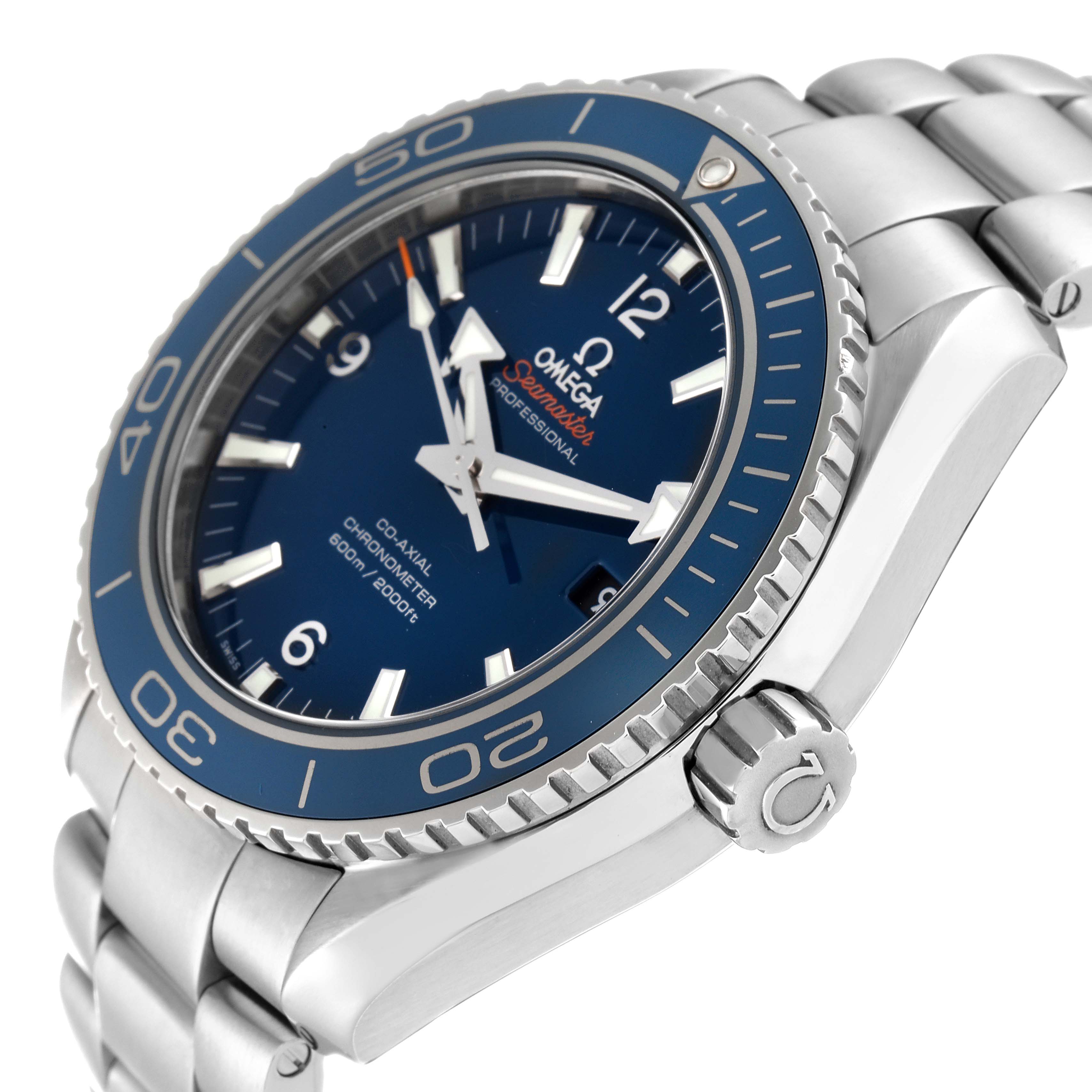 The Omega Planet Ocean 232.90.46.21.03.001 Men
s Titanium Blue Dial 232.90.46.21.03.001 Men
s Titanium Blue Dial watch is shown at an oblique angle, highlighting the dial, bezel, and bracelet.