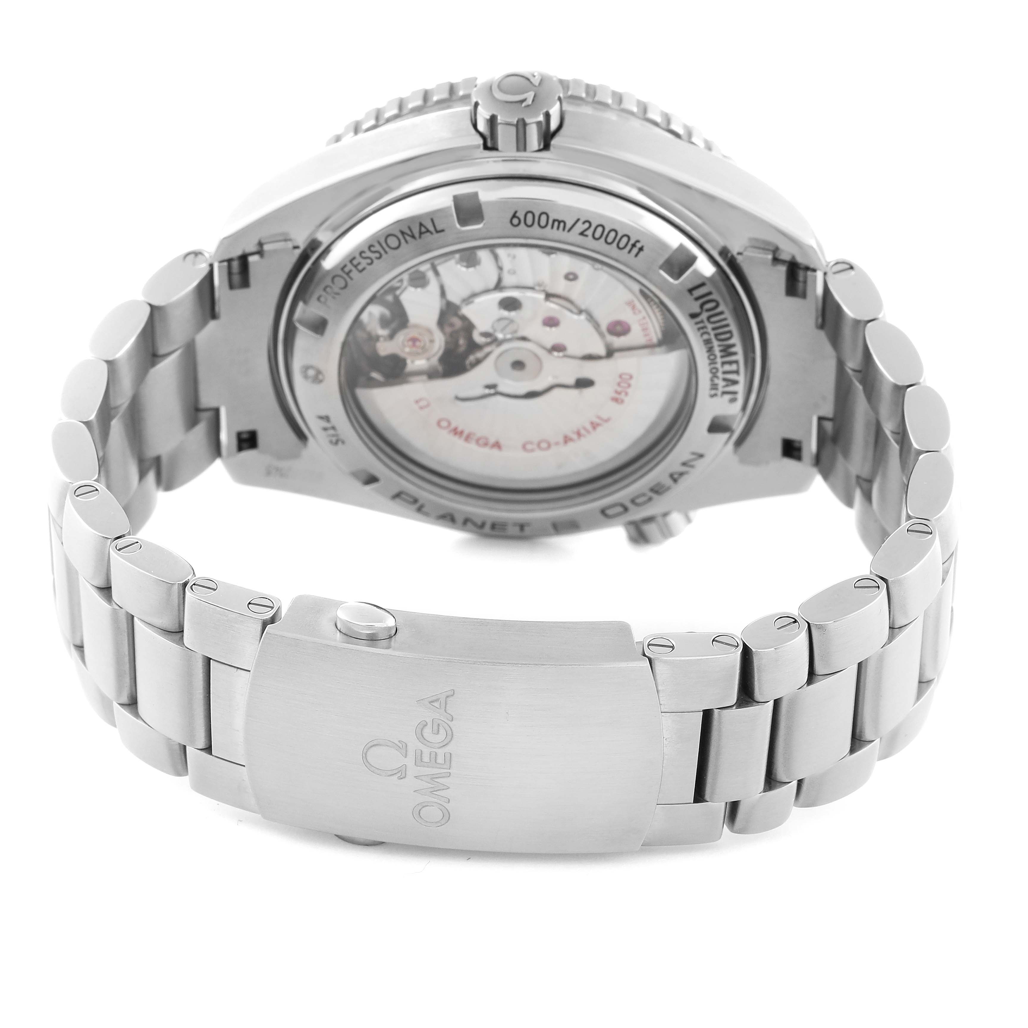 The image shows the back view of the Omega Planet Ocean 232.90.46.21.03.001 Men
s Titanium Blue Dial 232.90.46.21.03.001 Men
s Titanium Blue Dial watch, highlighting its transparent case back and stainless steel bracelet.