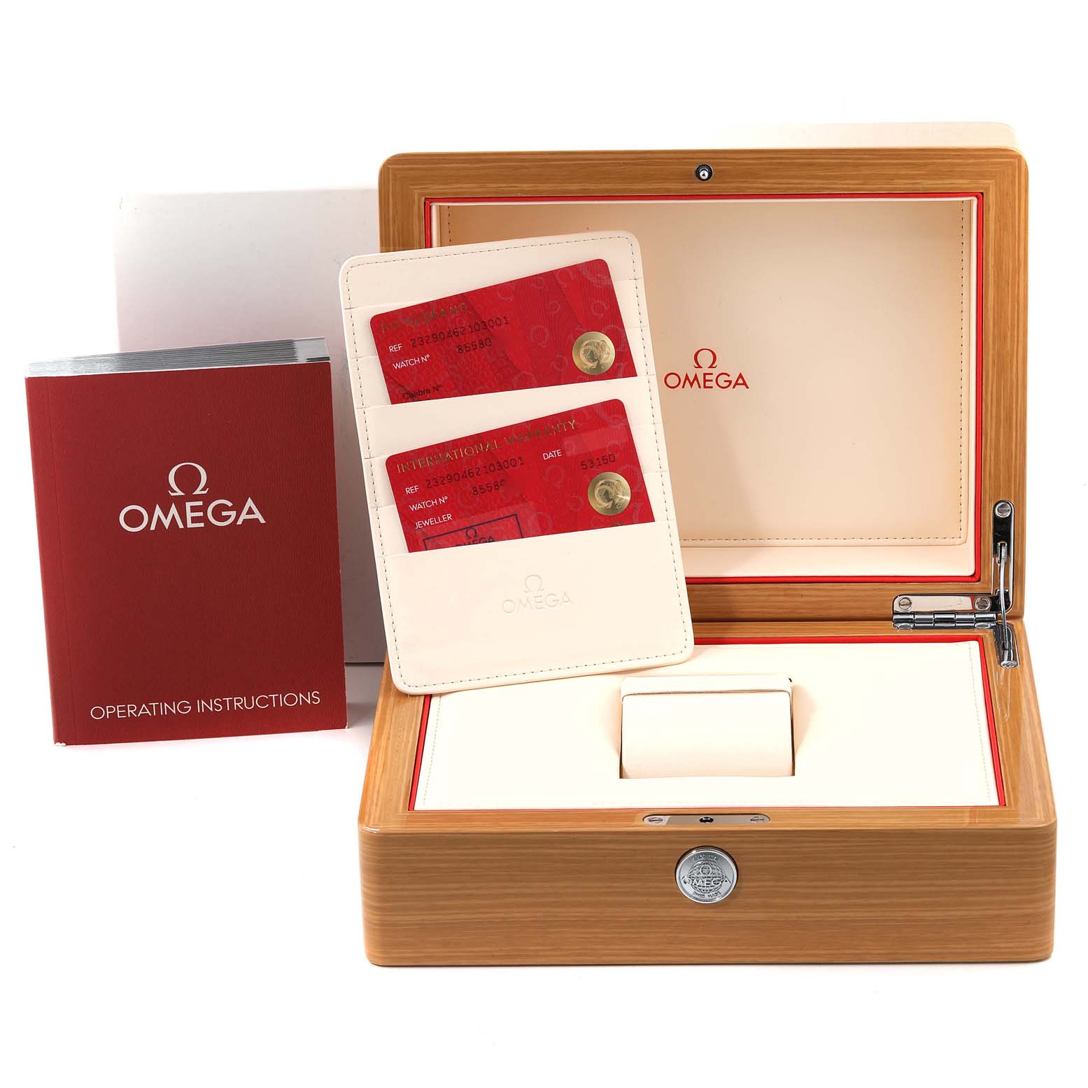 The image shows an Omega Planet Ocean 232.90.46.21.03.001 Men
s Titanium Blue Dial 232.90.46.21.03.001 Men
s Titanium Blue Dial watch box, warranty cards, and operating instructions from a frontal angle.