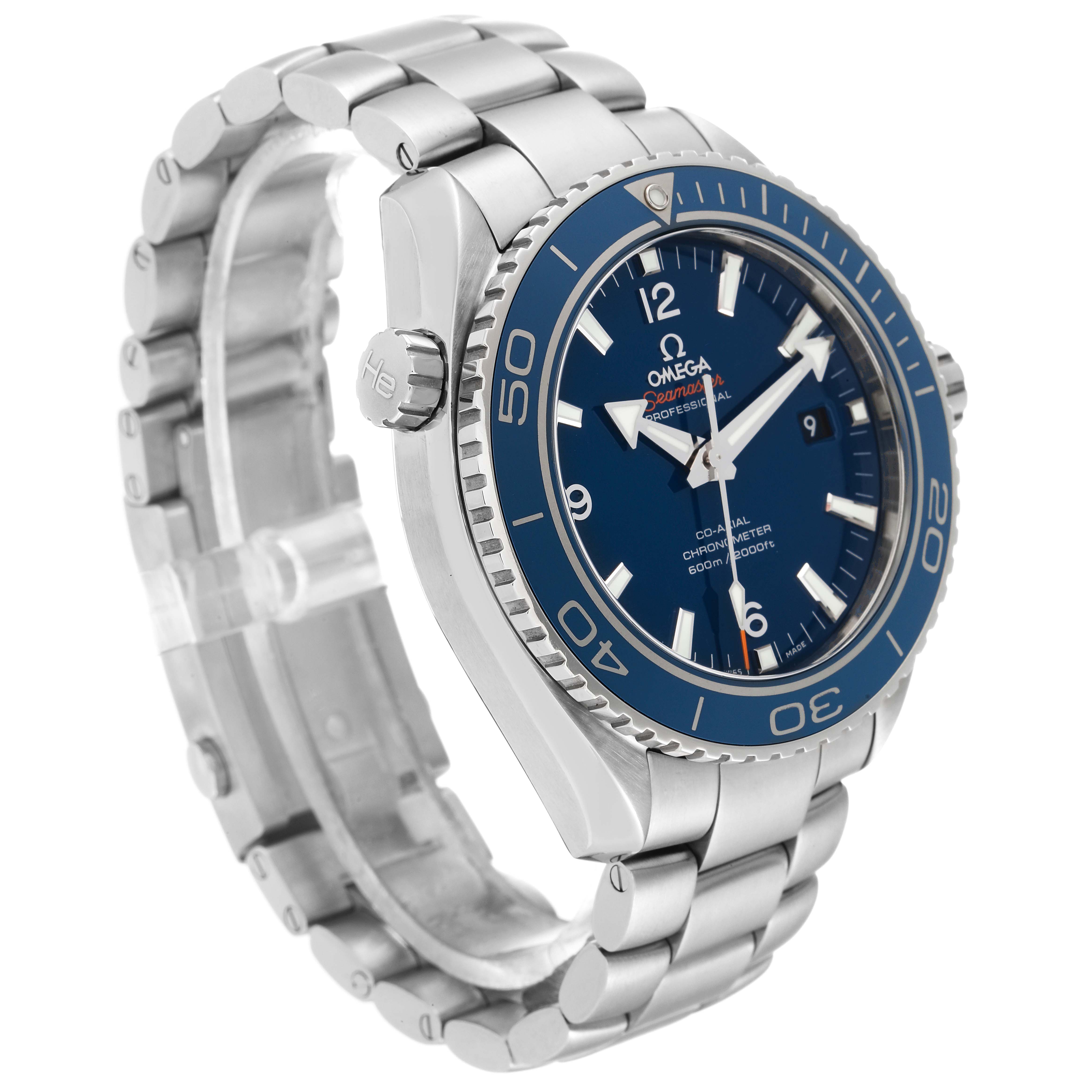 The Omega Planet Ocean 232.90.46.21.03.001 Men
s Titanium Blue Dial 232.90.46.21.03.001 Men
s Titanium Blue Dial watch is shown at a 3/4 angle displaying the face, bezel, crown, and bracelet.