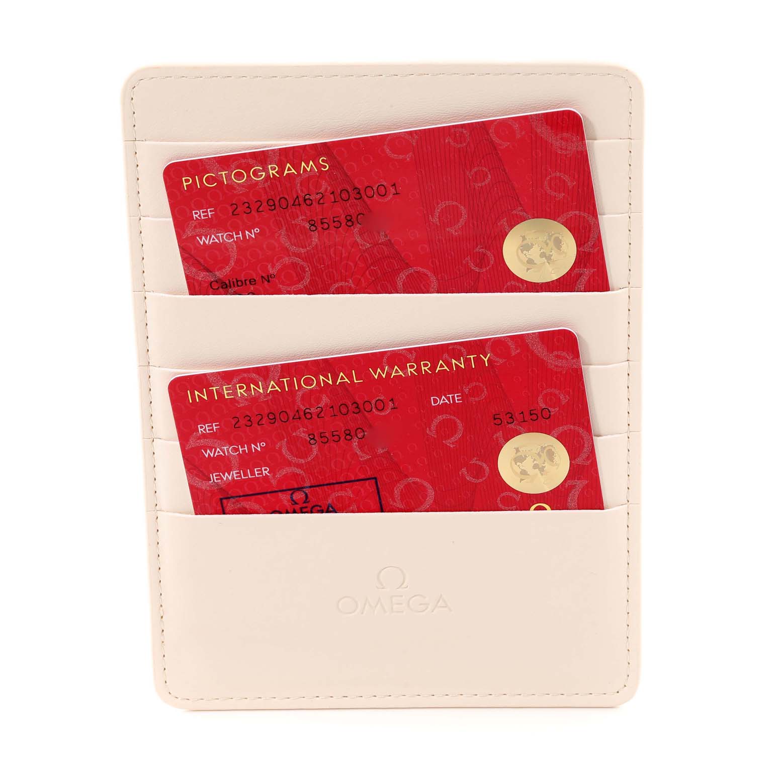 The image shows the pictograms and international warranty cards for the Omega Planet Ocean 232.90.46.21.03.001 Men
s Titanium Blue Dial 232.90.46.21.03.001 Men
s Titanium Blue Dial watch in a beige cardholder.