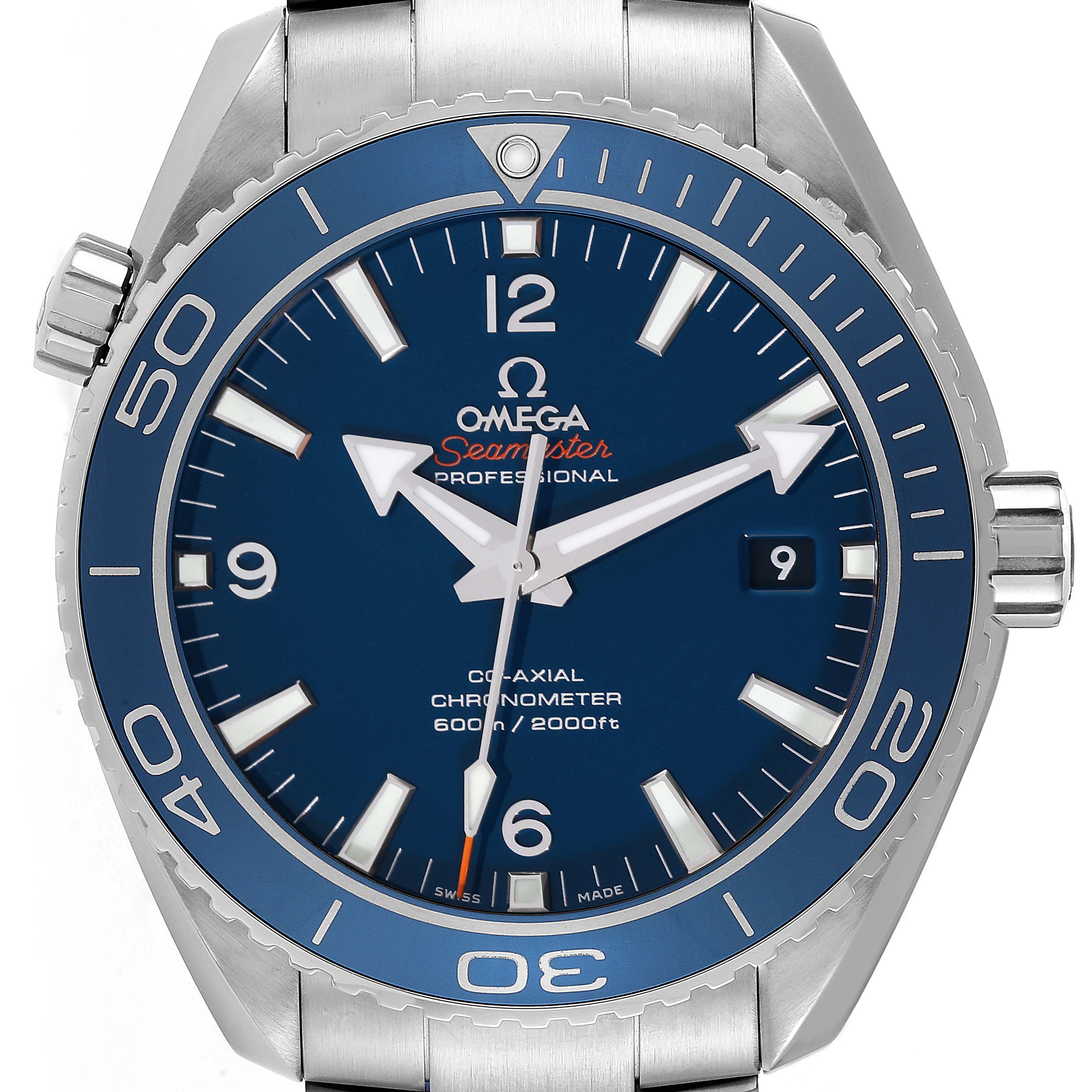 The watch shows a front-facing view of the Omega Planet Ocean 232.90.46.21.03.001 Men
s Titanium Blue Dial 232.90.46.21.03.001 Men
s Titanium Blue Dial model, including the dial, bezel, and part of the bracelet.