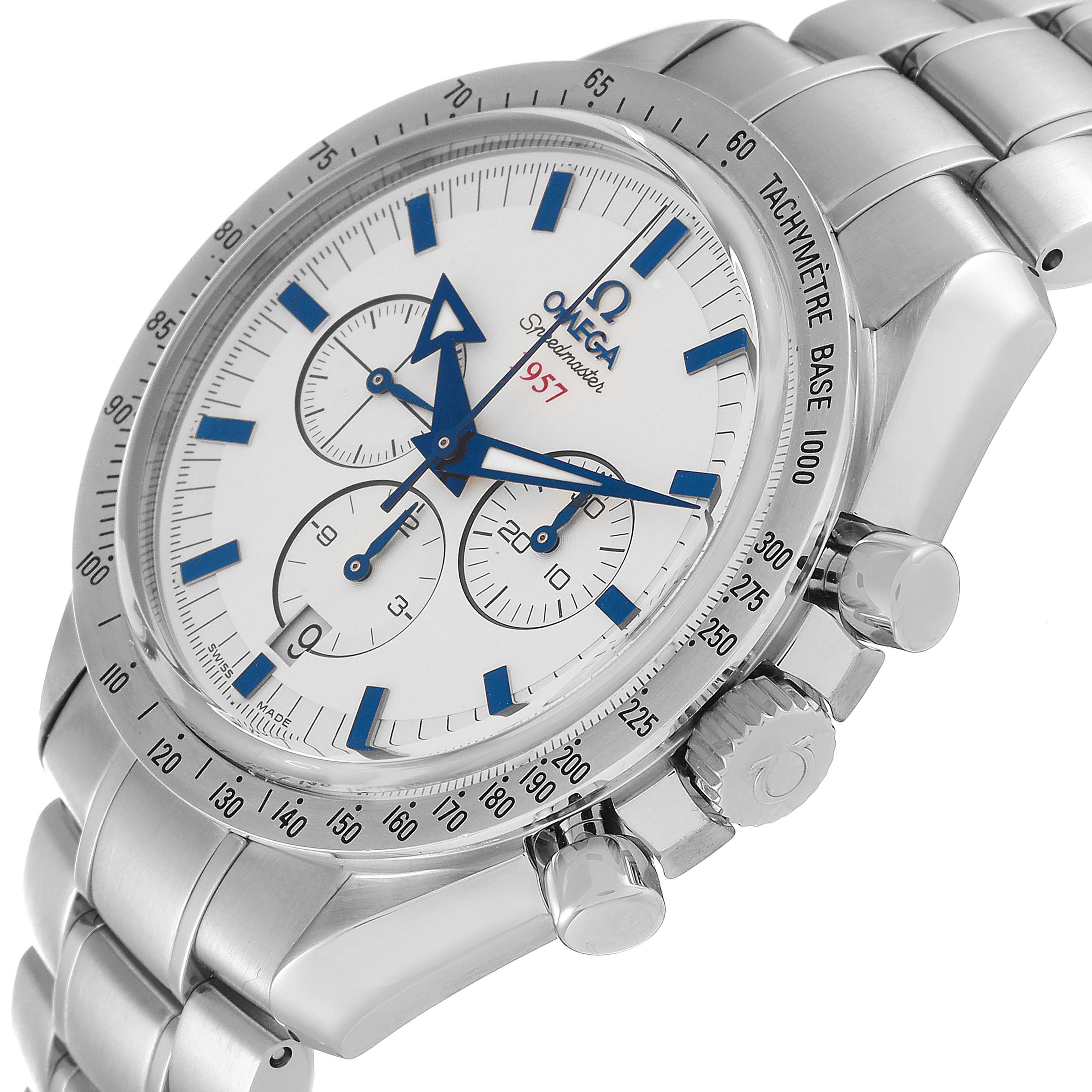 This Omega Speedmaster 321.10.42.50.02.001 Men's Stainless Steel Silver Dial 321.10.42.50.02.001 Men's Stainless Steel Silver Dial watch is shown at a slight angle, displaying the face, three subdials, tachymeter bezel, and stainless steel bracelet.
