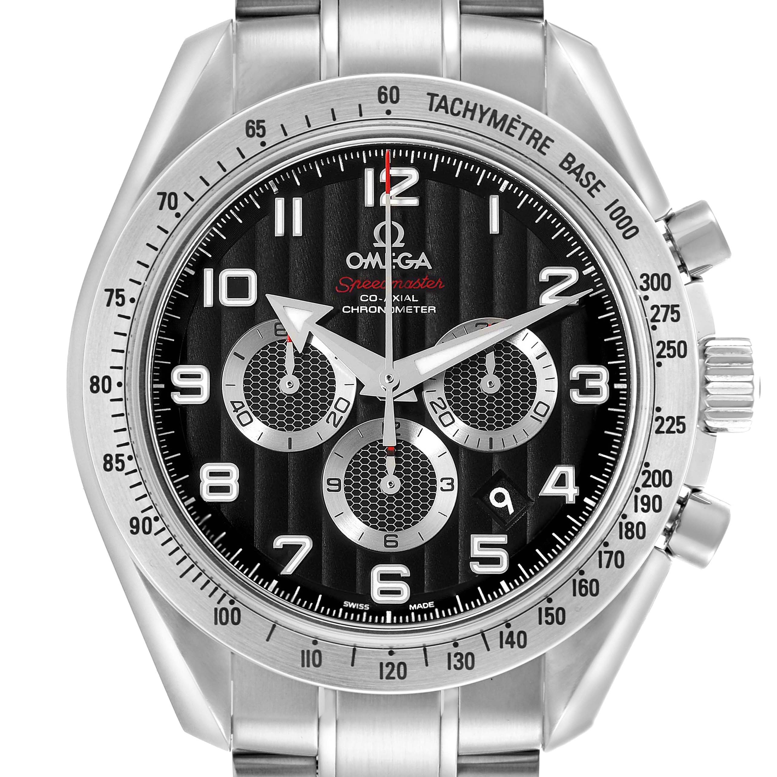 The Omega Speedmaster 321.10.44.50.01.001 Men
s Stainless Steel Black Dial 321.10.44.50.01.001 Men
s Stainless Steel Black Dial is shown from the front, displaying its dial, subdials, tachymeter bezel, and part of the bracelet.