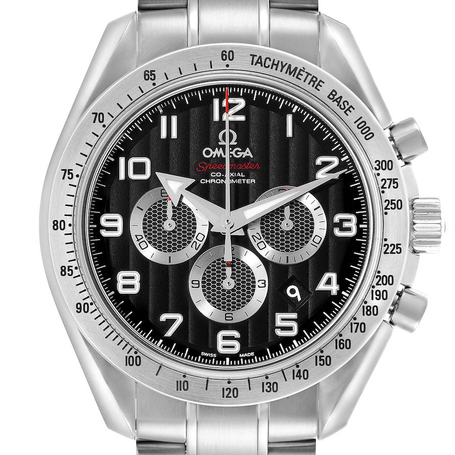 The Omega Speedmaster is shown from the front, displaying its dial, subdials, tachymeter bezel, and part of the bracelet.