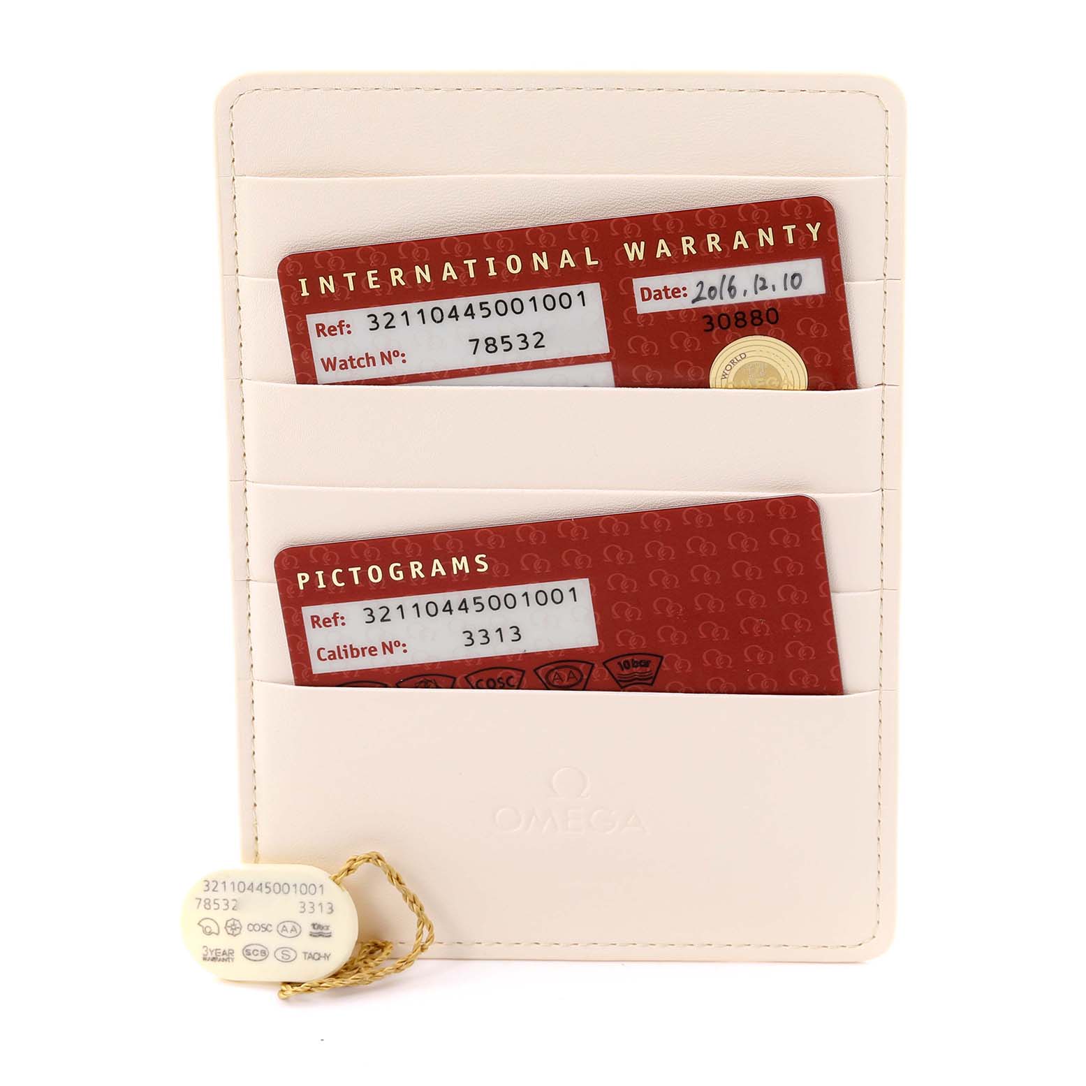 The image shows Omega Speedmaster 321.10.44.50.01.001 Men
s Stainless Steel Black Dial 321.10.44.50.01.001 Men
s Stainless Steel Black Dial model warranty and pictogram cards in a cardholder, viewed from the front.