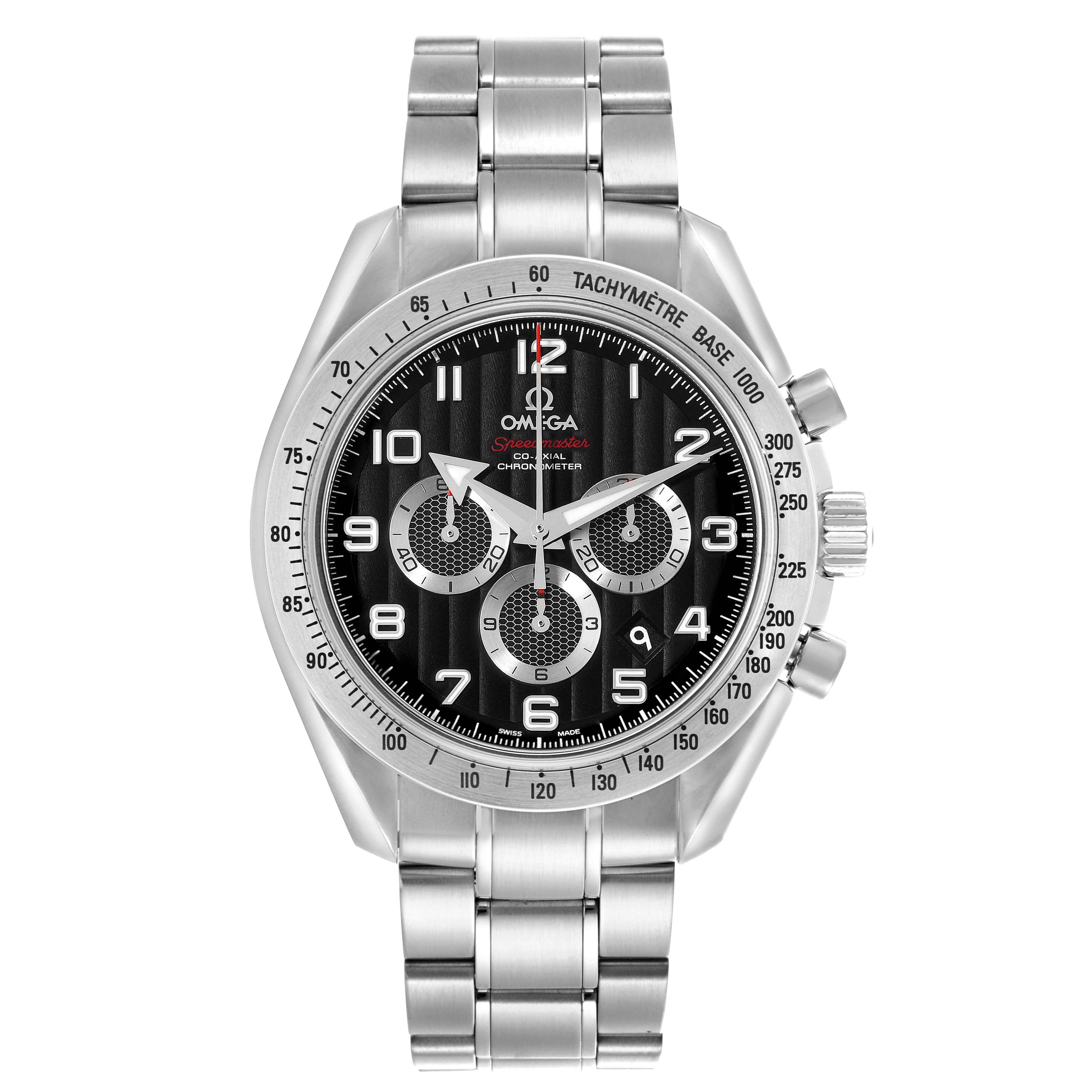 The Omega Speedmaster 321.10.44.50.01.001 Men
s Stainless Steel Black Dial 321.10.44.50.01.001 Men
s Stainless Steel Black Dial watch is shown from a front angle, displaying the face, bezel, and bracelet.