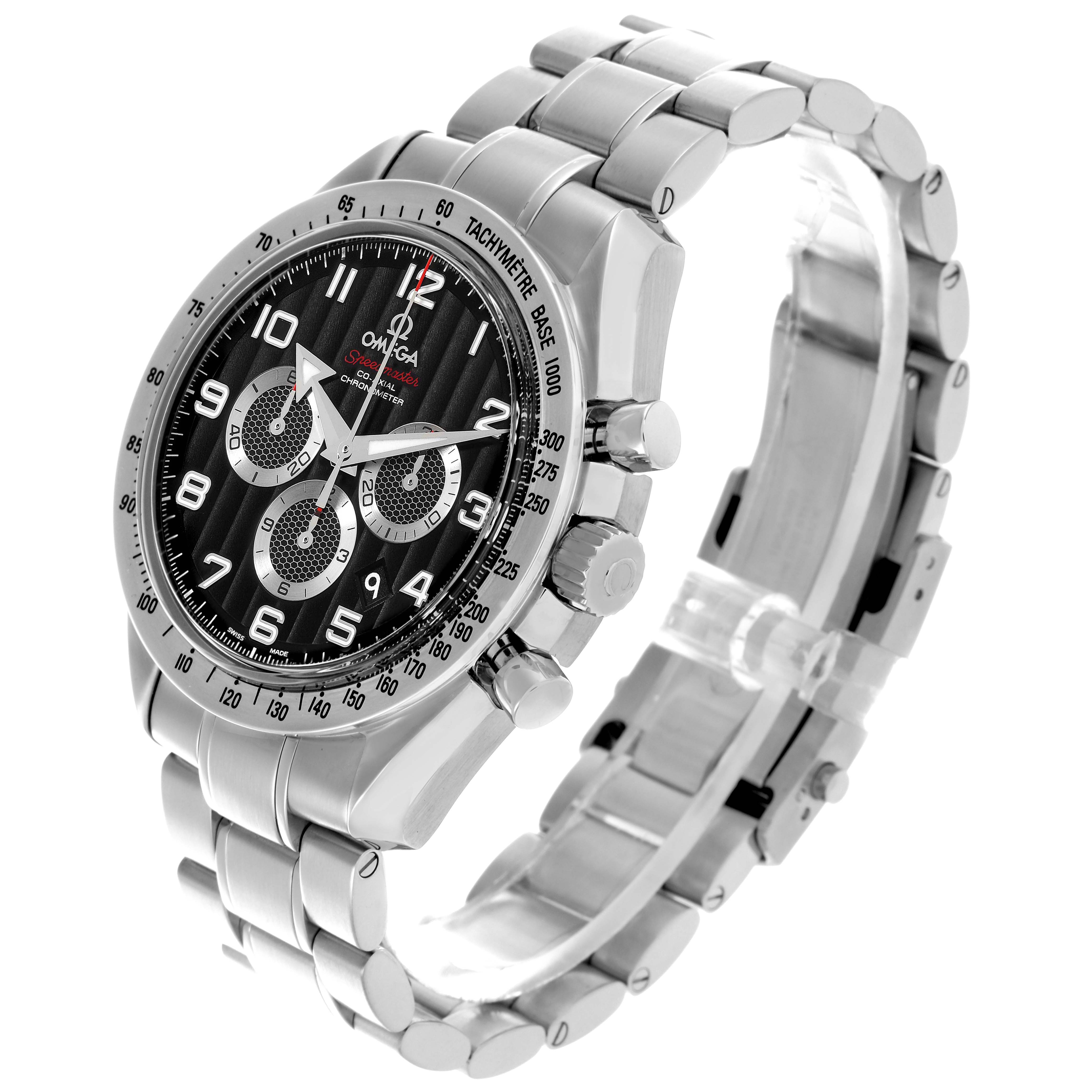 The Omega Speedmaster 321.10.44.50.01.001 Men
s Stainless Steel Black Dial 321.10.44.50.01.001 Men
s Stainless Steel Black Dial watch is shown at a three-quarter angle, highlighting its face, bezel, crown, pushers, and metal bracelet.