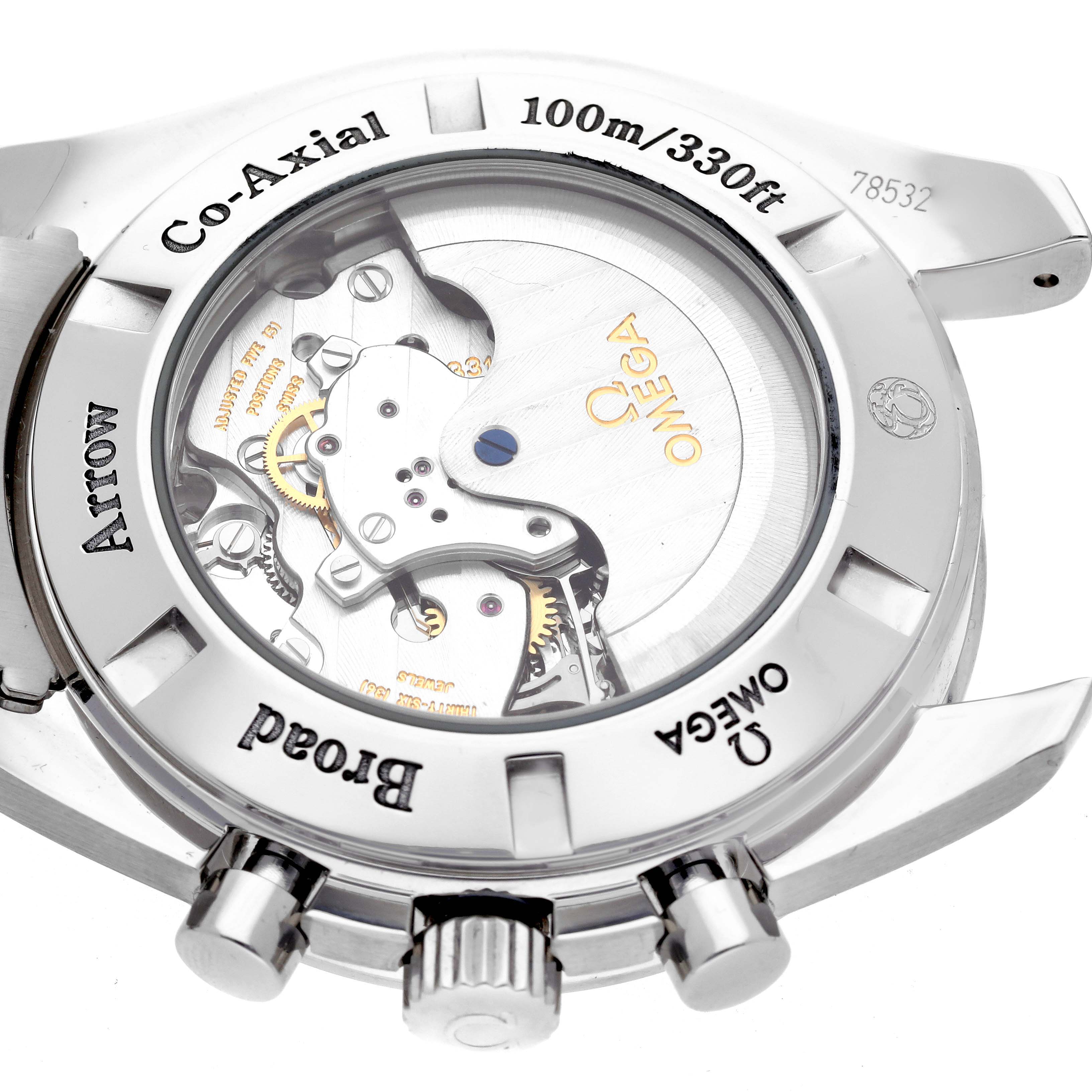 The image shows the back of the Omega Speedmaster 321.10.44.50.01.001 Men
s Stainless Steel Black Dial 321.10.44.50.01.001 Men
s Stainless Steel Black Dial, highlighting its Co-Axial movement and transparent case back.