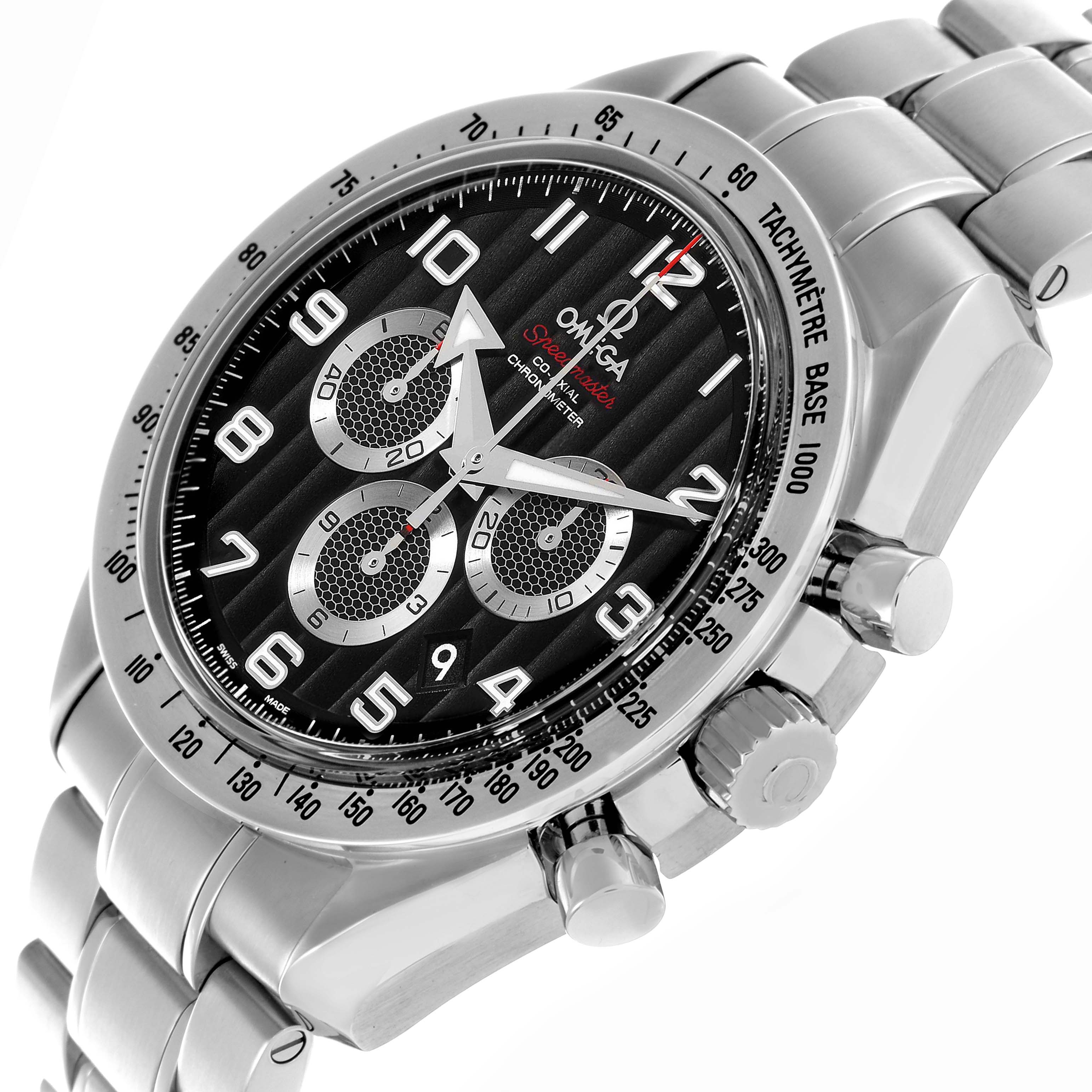 The Omega Speedmaster 321.10.44.50.01.001 Men
s Stainless Steel Black Dial 321.10.44.50.01.001 Men
s Stainless Steel Black Dial watch is shown at an angled side view, highlighting its face, bezel, pushers, and bracelet.