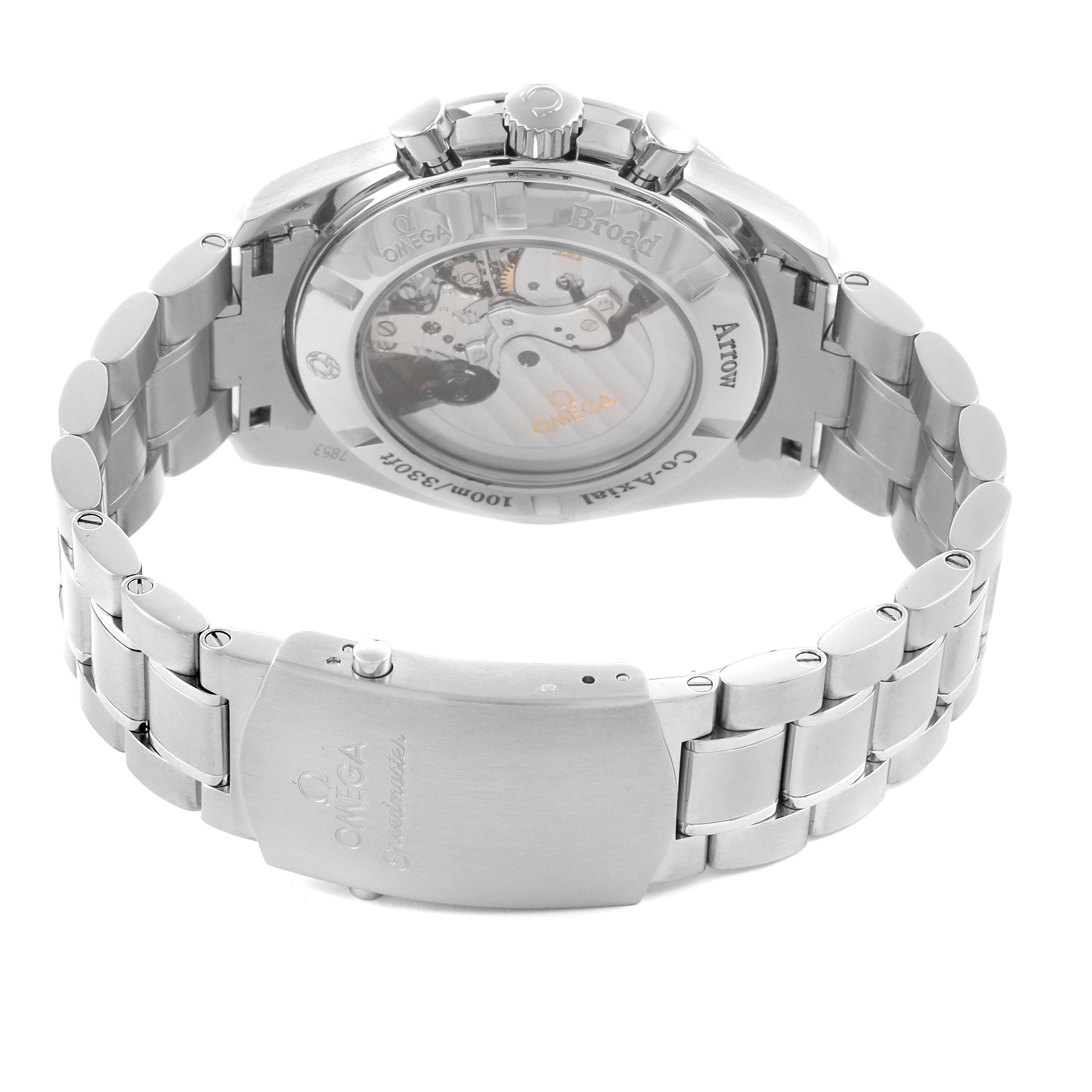 The image shows the Omega Speedmaster 321.10.44.50.01.001 Men
s Stainless Steel Black Dial 321.10.44.50.01.001 Men
s Stainless Steel Black Dial watch from a rear angle, highlighting the case back and metal bracelet.