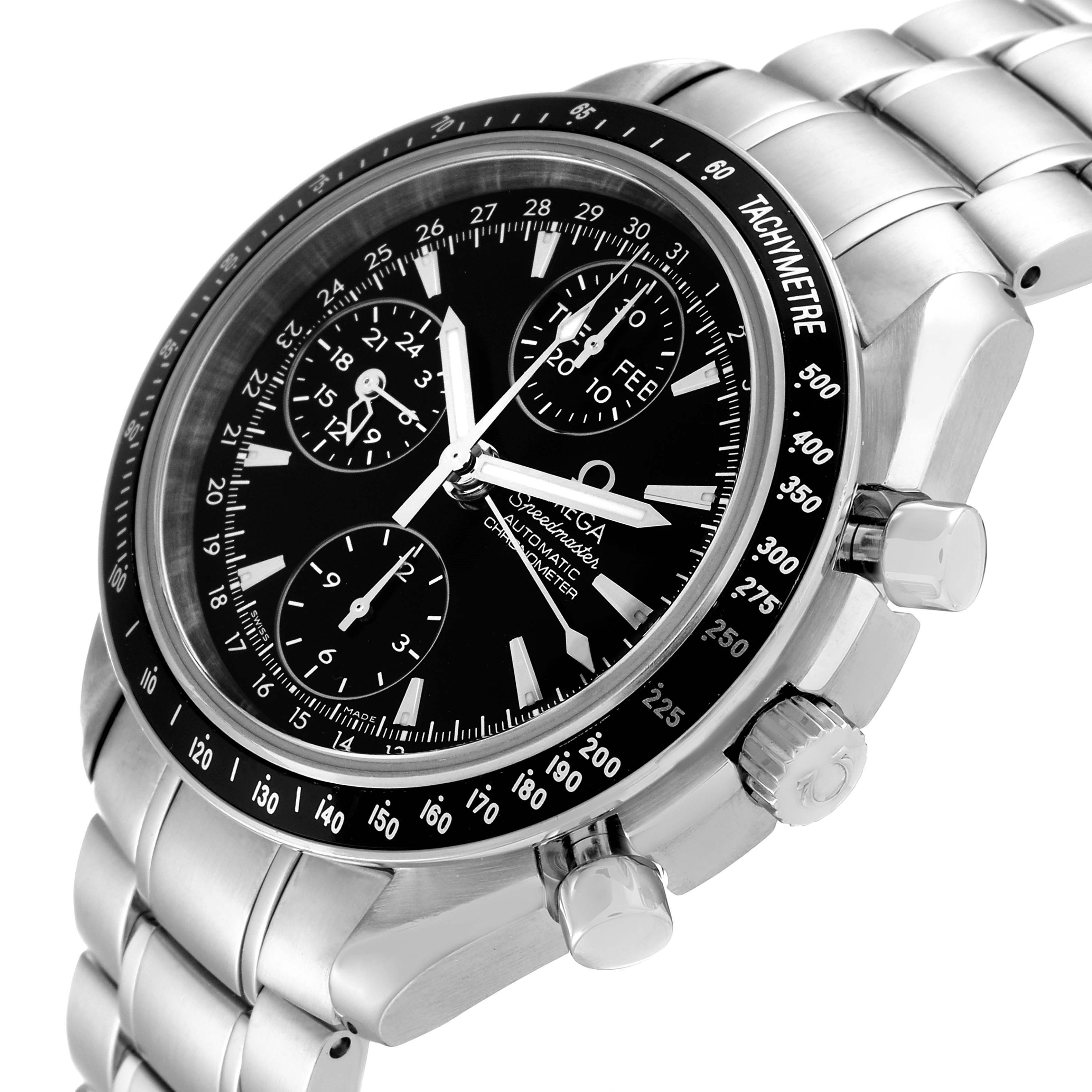 The image shows an angled close-up of the Omega Speedmaster 3220.50.00 Men's Stainless Steel Black Dial 3220.50.00 Men's Stainless Steel Black Dial watch, highlighting the face, bezel, and stainless steel bracelet.