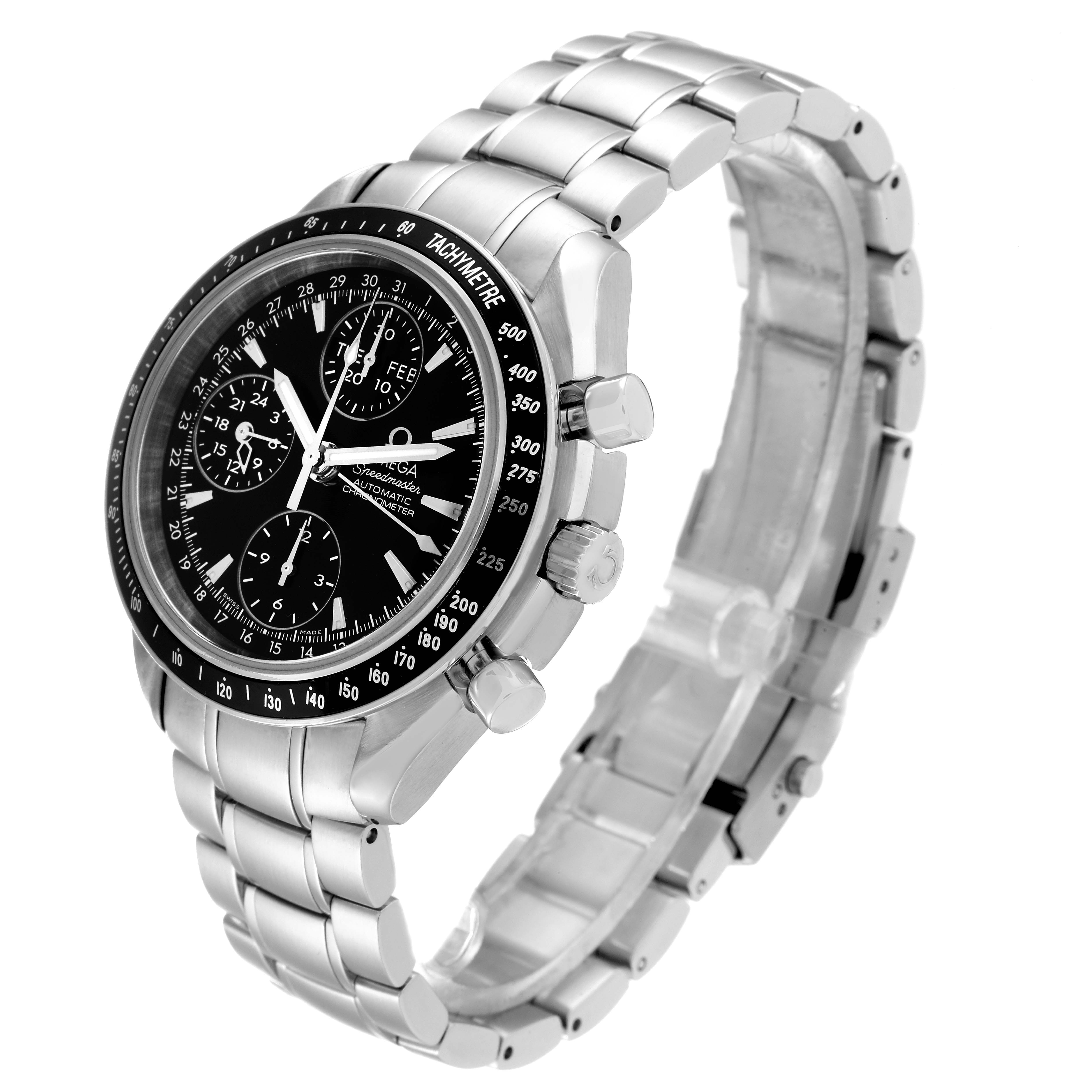 This Omega Speedmaster 3220.50.00 Men's Stainless Steel Black Dial 3220.50.00 Men's Stainless Steel Black Dial watch is shown at a three-quarter angle, highlighting its face, bezel, crown, and metal bracelet.