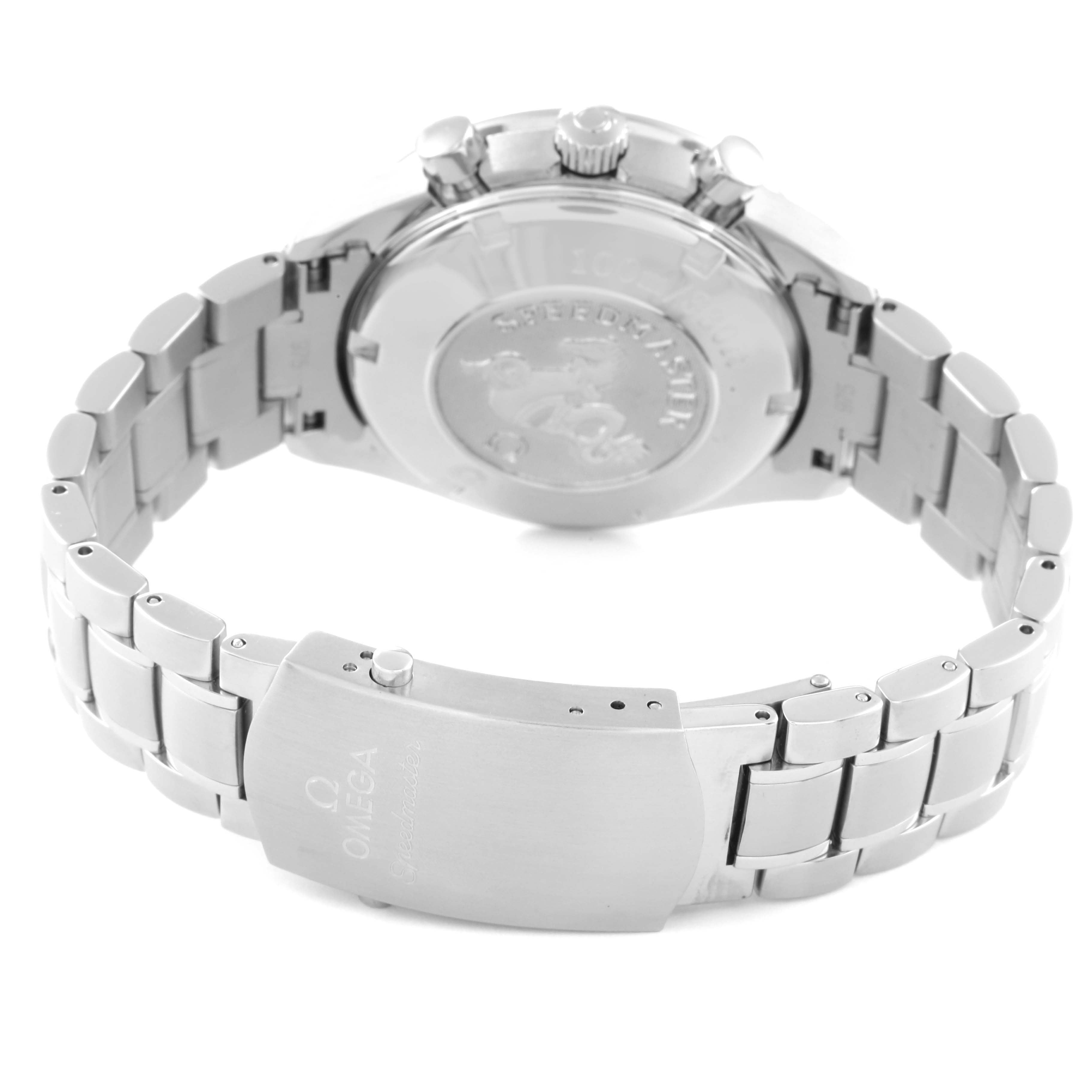 The image shows the back angle of the Omega Speedmaster 3220.50.00 Men's Stainless Steel Black Dial 3220.50.00 Men's Stainless Steel Black Dial watch, highlighting the clasp, bracelet, and case back.