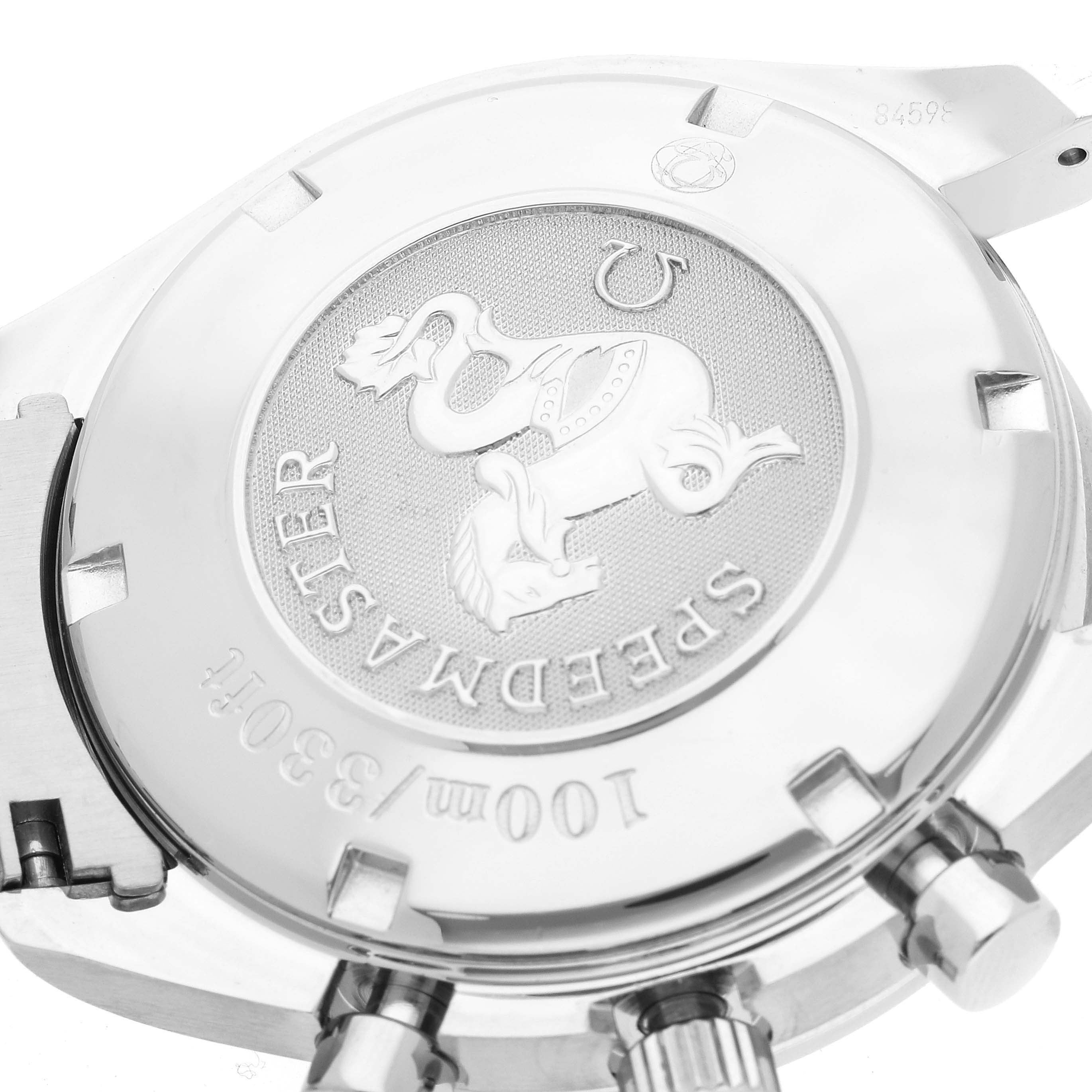 This is a close-up view of the case back of the Omega Speedmaster 3220.50.00 Men's Stainless Steel Black Dial 3220.50.00 Men's Stainless Steel Black Dial watch, showcasing the engraved logo and text.