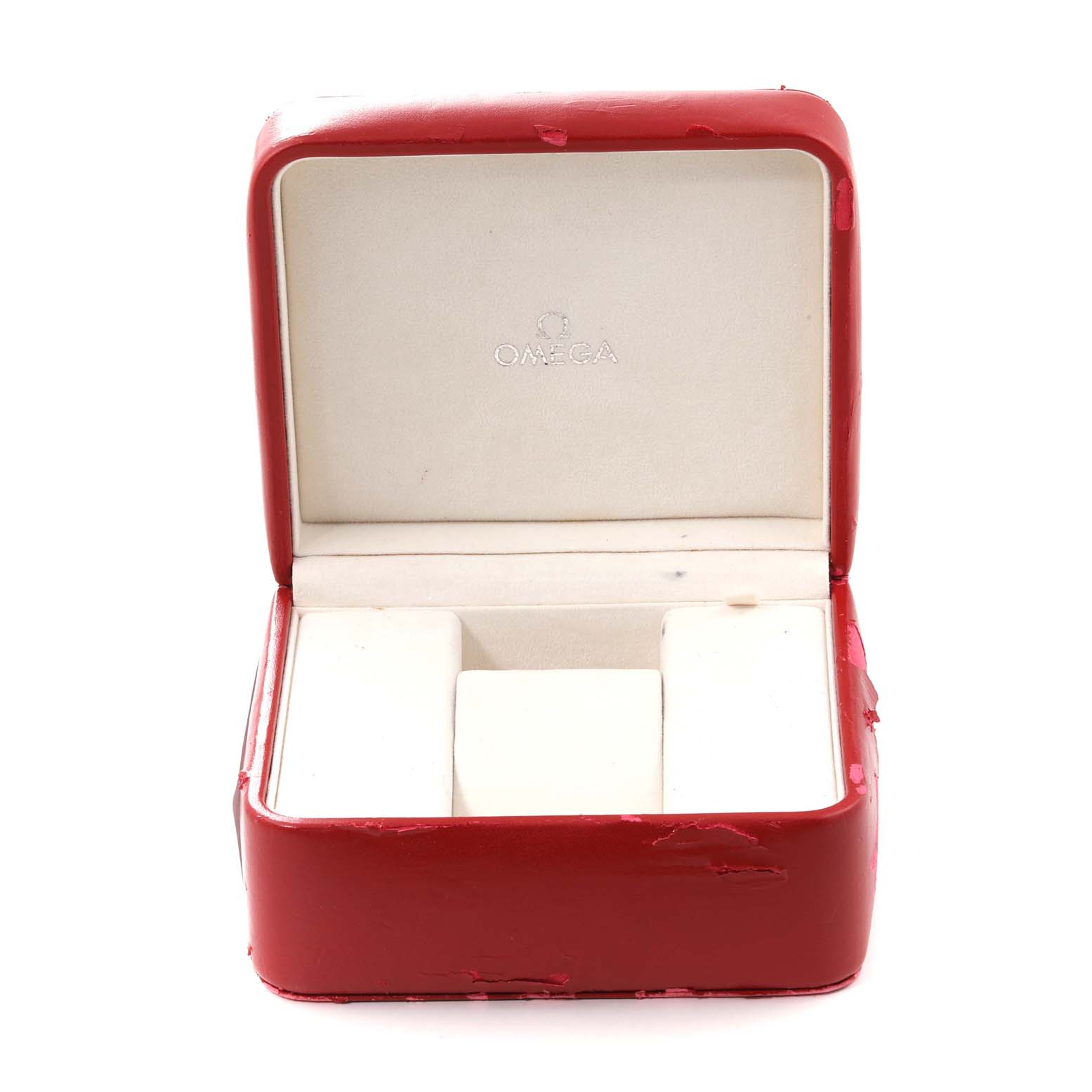 The image shows an open red Omega Speedmaster 3220.50.00 Men's Stainless Steel Black Dial 3220.50.00 Men's Stainless Steel Black Dial watch box with a padded interior.