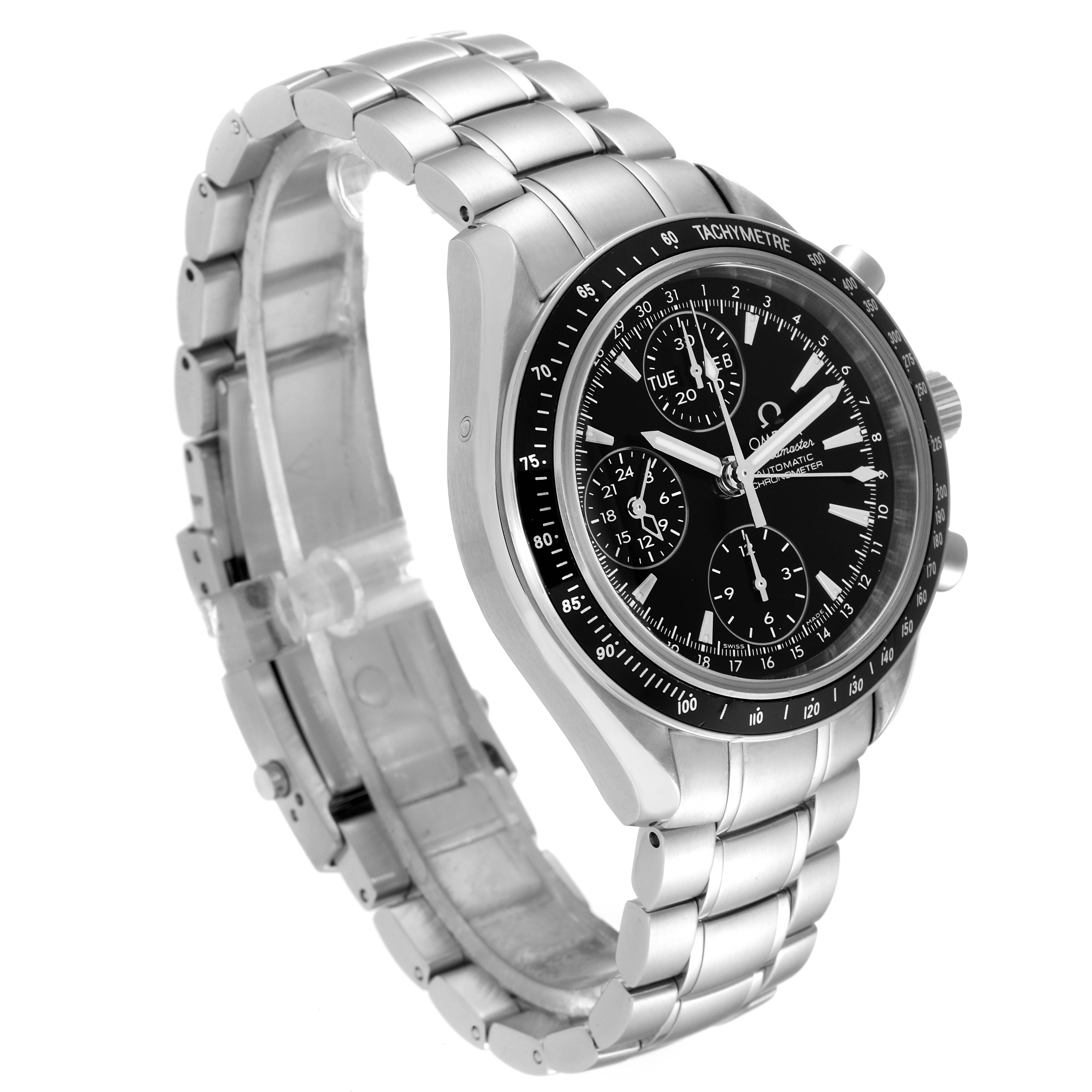 This Omega Speedmaster 3220.50.00 Men's Stainless Steel Black Dial 3220.50.00 Men's Stainless Steel Black Dial watch is shown at a three-quarter angle displaying the face, bezel, and metal bracelet.