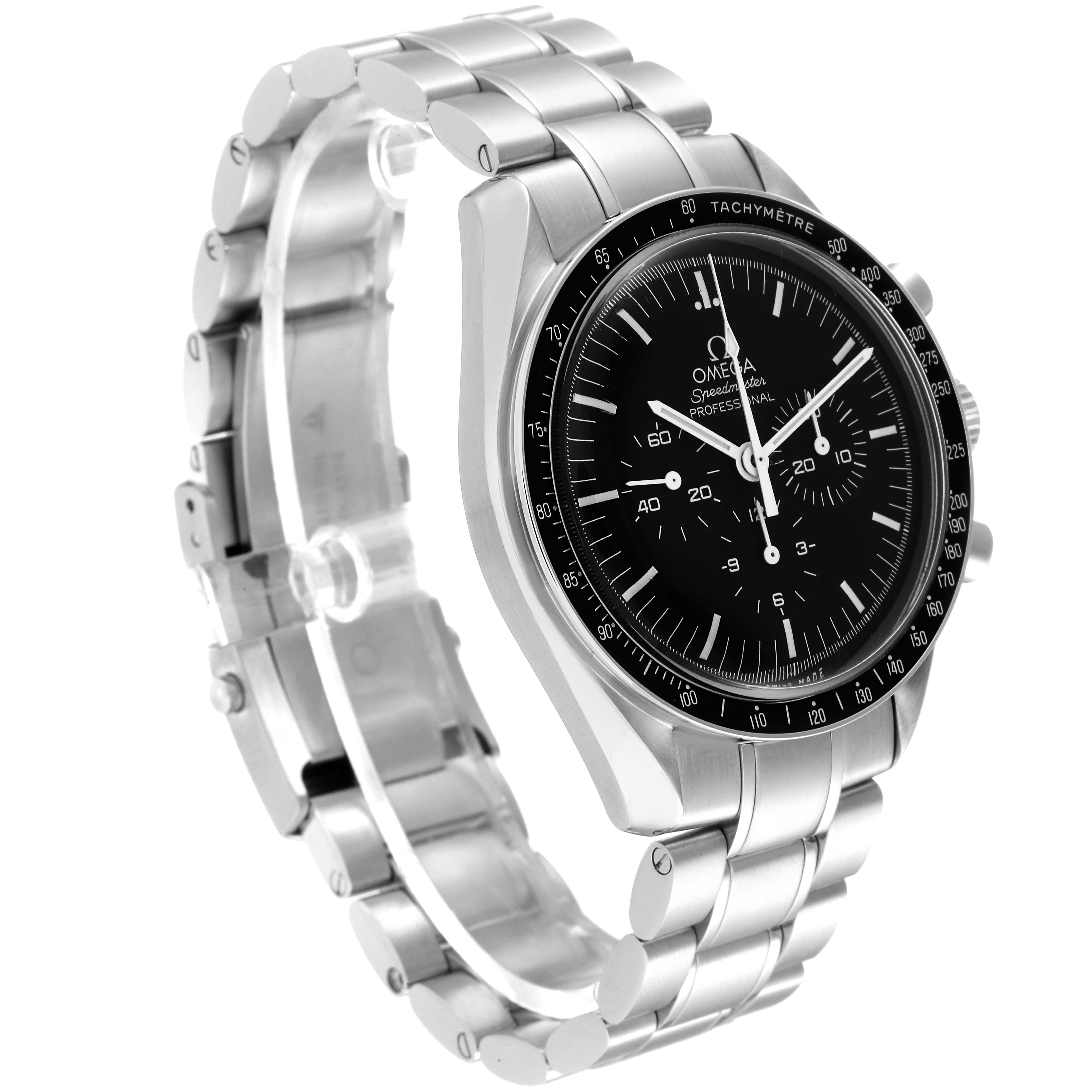 This is a side-angle view of an Omega Speedmaster 311.30.42.30.01.005 Men
s Stainless Steel Black Dial 311.30.42.30.01.005 Men
s Stainless Steel Black Dial watch, displaying its stainless steel band and black dial with chronograph features.