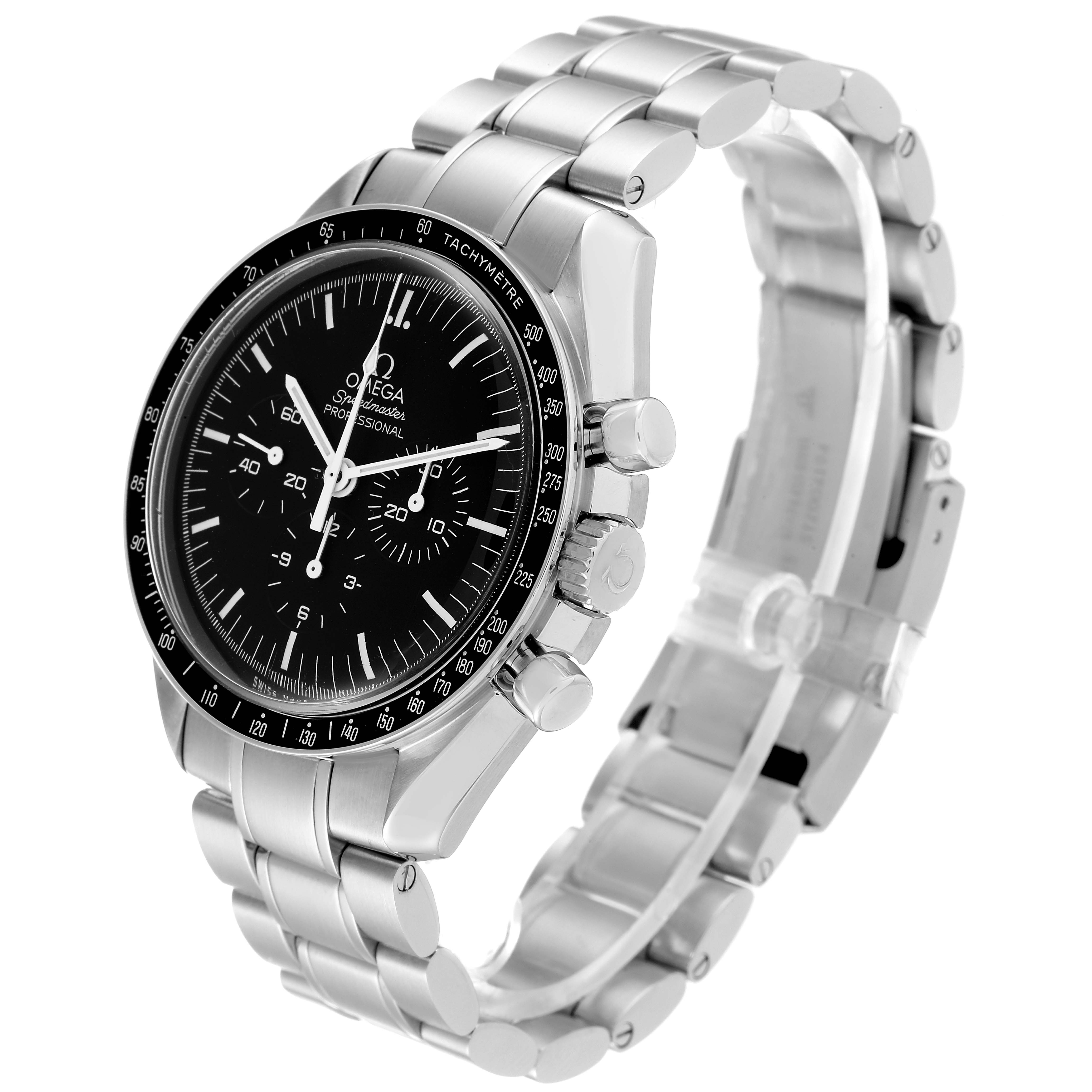 The Omega Speedmaster 311.30.42.30.01.005 Men
s Stainless Steel Black Dial 311.30.42.30.01.005 Men
s Stainless Steel Black Dial watch is shown at an angle displaying the face, bezel, crown, and bracelet prominently.