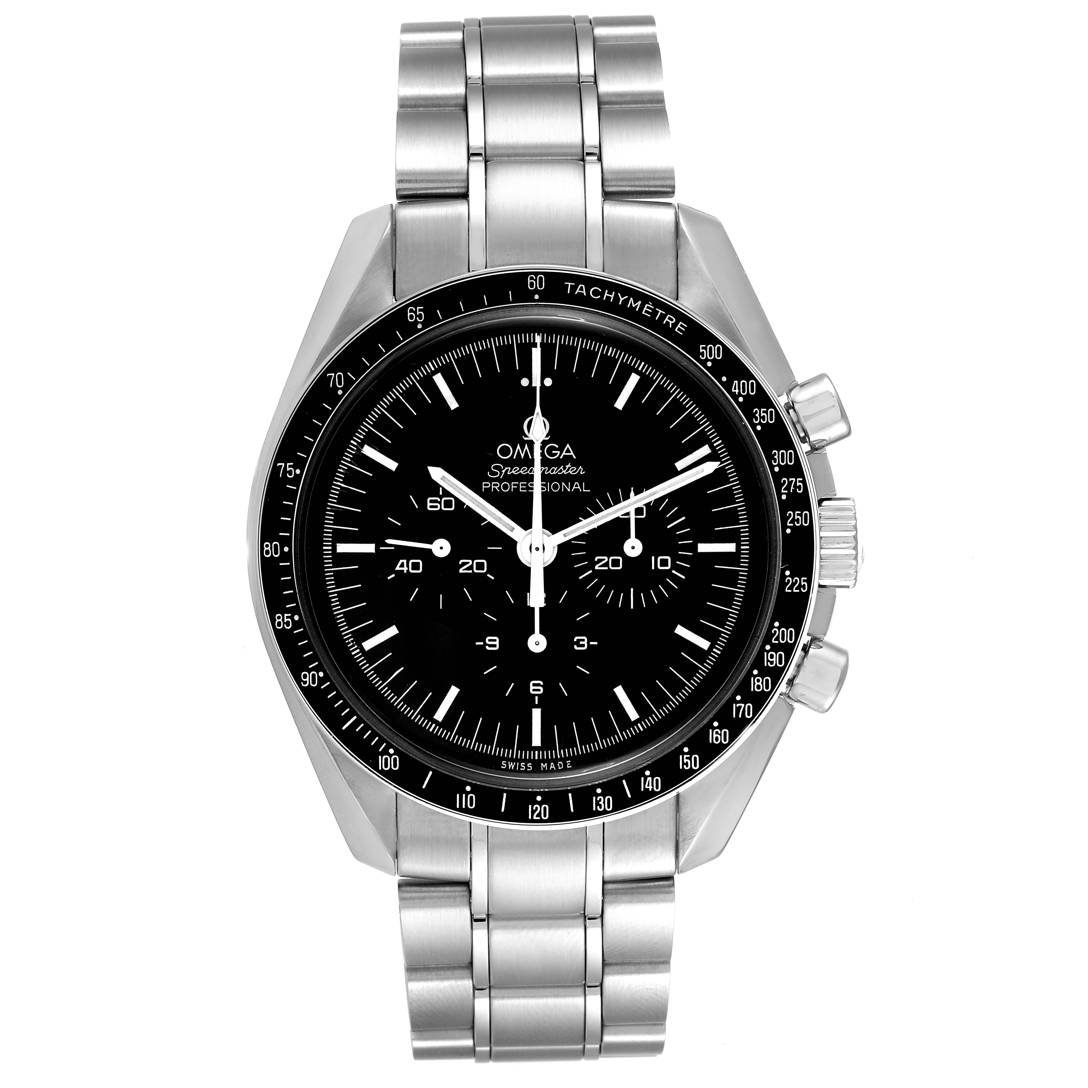 The image shows a front view of the Omega Speedmaster 311.30.42.30.01.005 Men
s Stainless Steel Black Dial 311.30.42.30.01.005 Men
s Stainless Steel Black Dial watch, displaying its black dial, tachymeter bezel, and stainless steel bracelet.