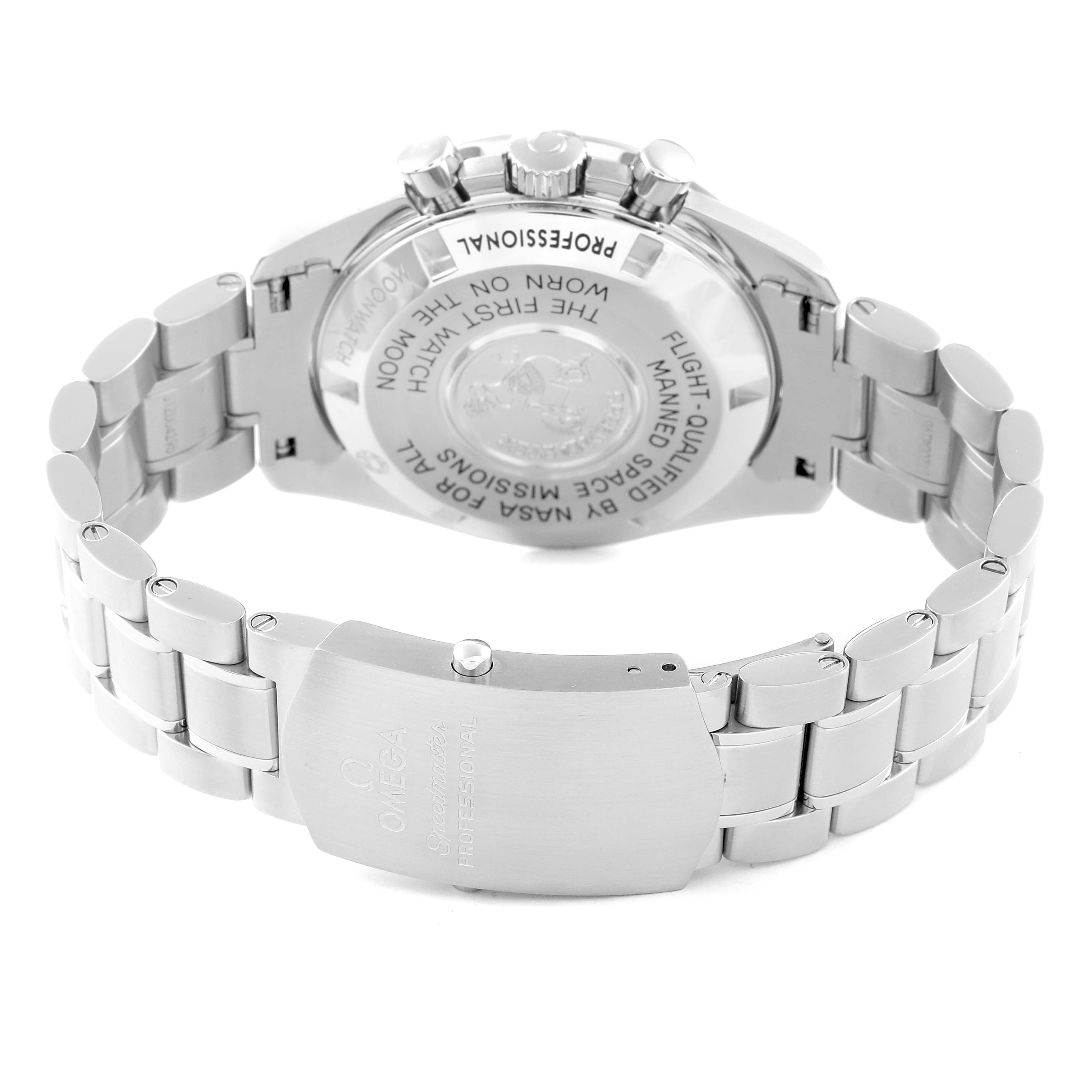 The image shows the back case and clasp of an Omega Speedmaster 311.30.42.30.01.005 Men
s Stainless Steel Black Dial 311.30.42.30.01.005 Men
s Stainless Steel Black Dial watch, highlighting its metal bracelet and engraved details.