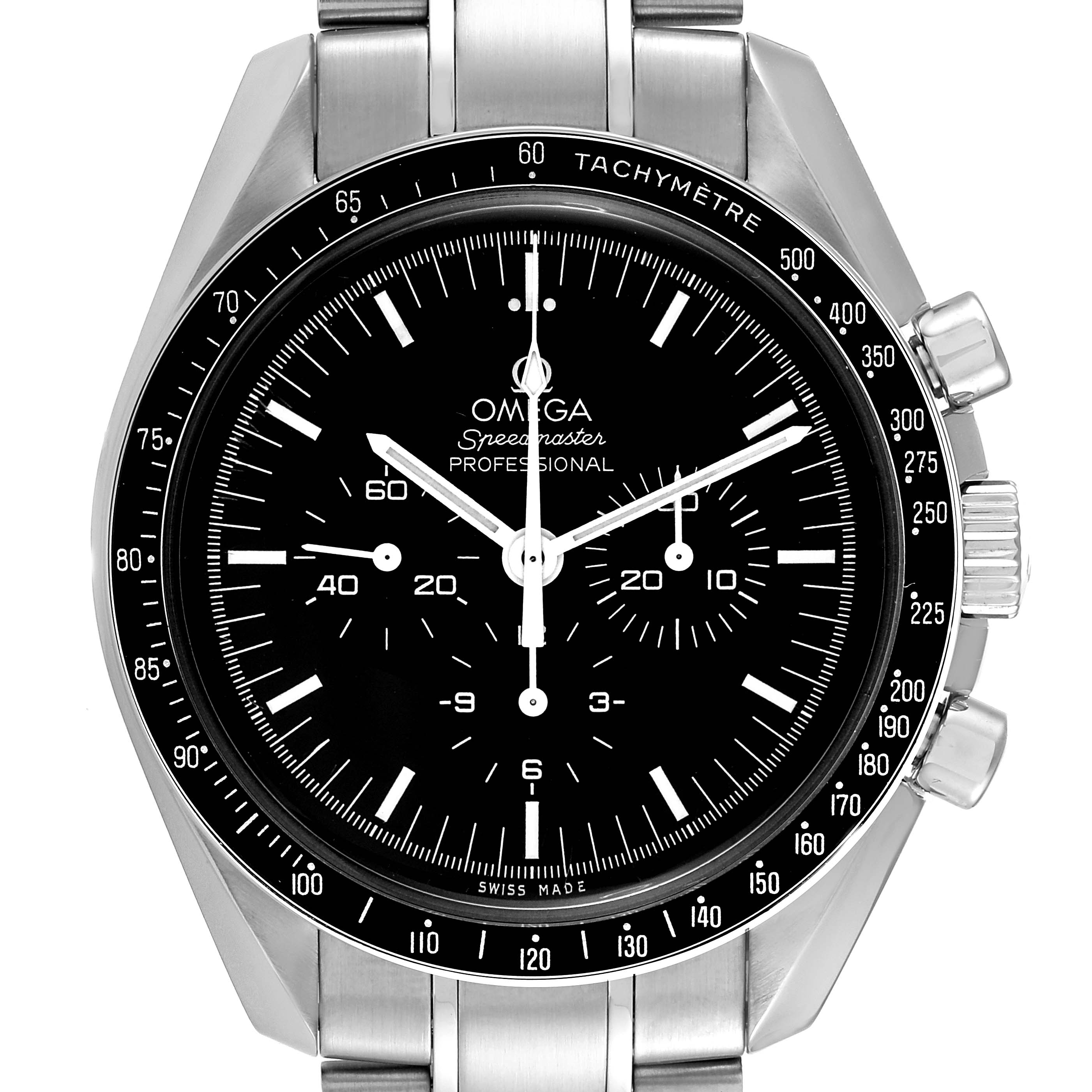 This image shows a frontal view of the Omega Speedmaster 311.30.42.30.01.005 Men
s Stainless Steel Black Dial 311.30.42.30.01.005 Men
s Stainless Steel Black Dial watch, highlighting its black dial, tachymeter bezel, and chronograph functions.