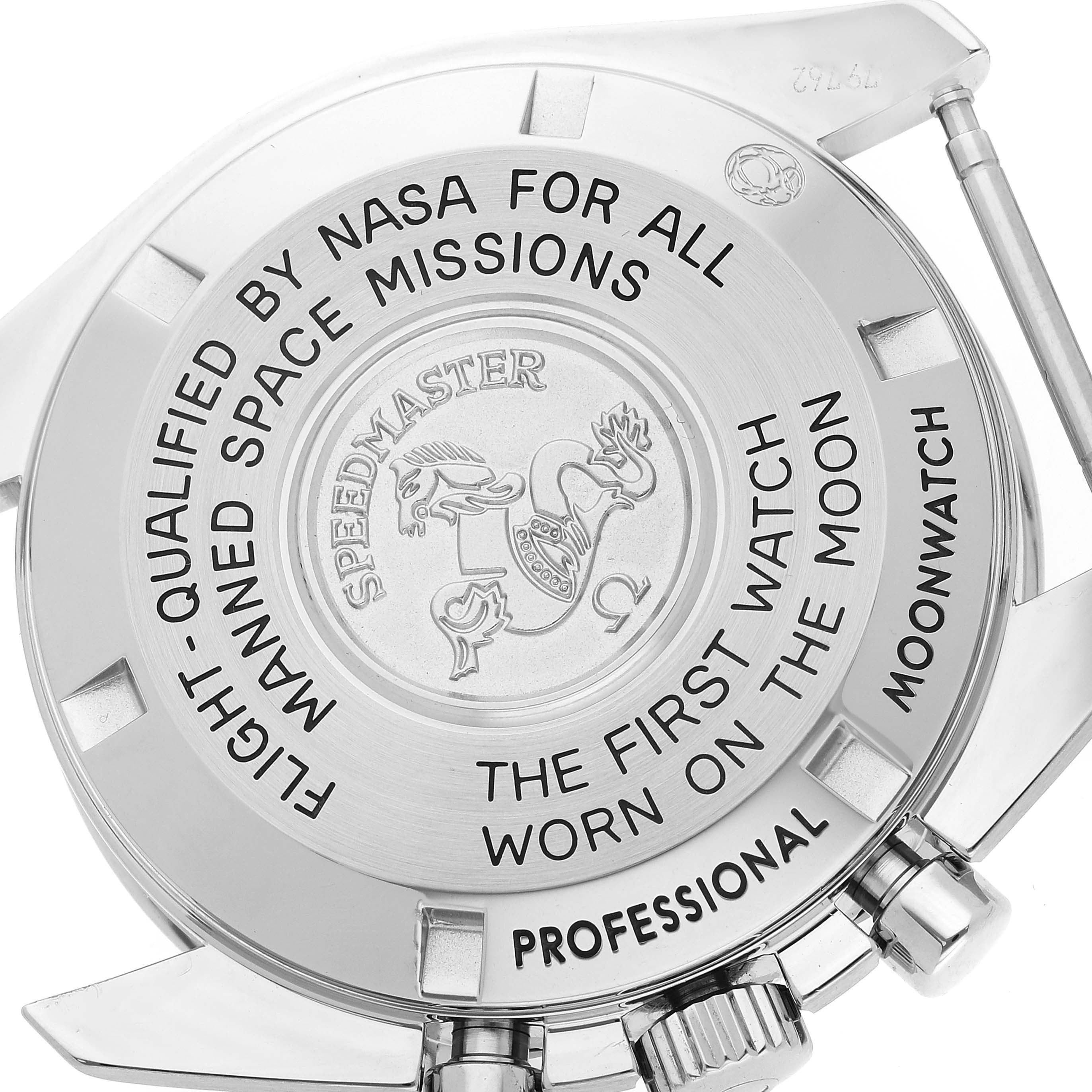 This image shows the back case of an Omega Speedmaster 311.30.42.30.01.005 Men
s Stainless Steel Black Dial 311.30.42.30.01.005 Men
s Stainless Steel Black Dial watch, highlighting its engravings and buttons.