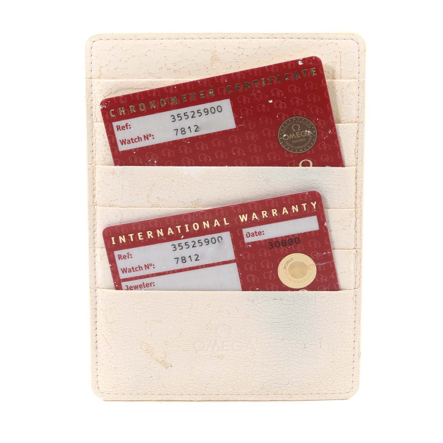 This image shows the international warranty card and chronometer certificate for an Omega Speedmaster 3552.59.00 Men's Stainless Steel Black Dial 3552.59.00 Men's Stainless Steel Black Dial watch.