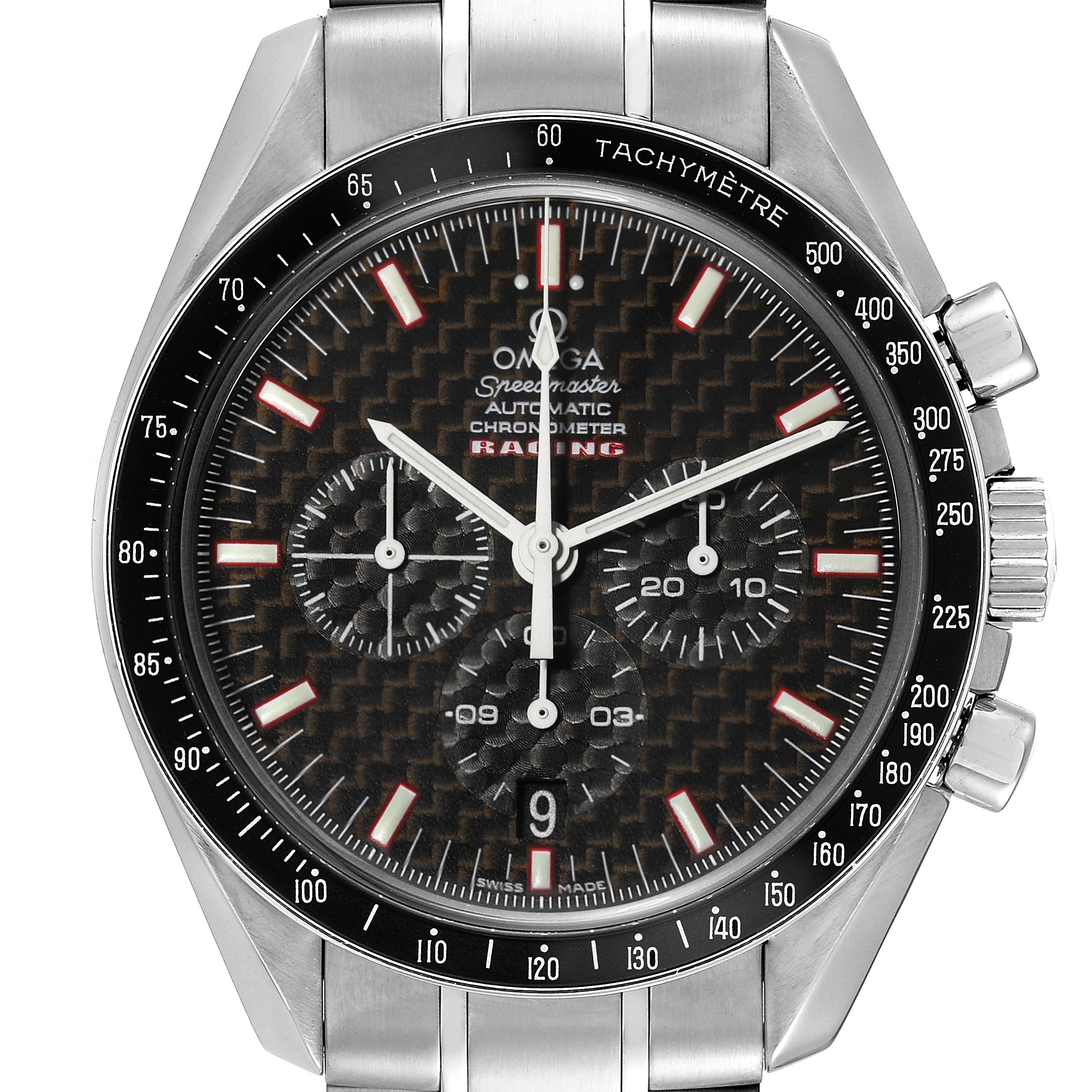 The image shows a frontal view of an Omega Speedmaster 3552.59.00 Men's Stainless Steel Black Dial 3552.59.00 Men's Stainless Steel Black Dial watch, highlighting its dial, subdials, and tachymeter bezel.