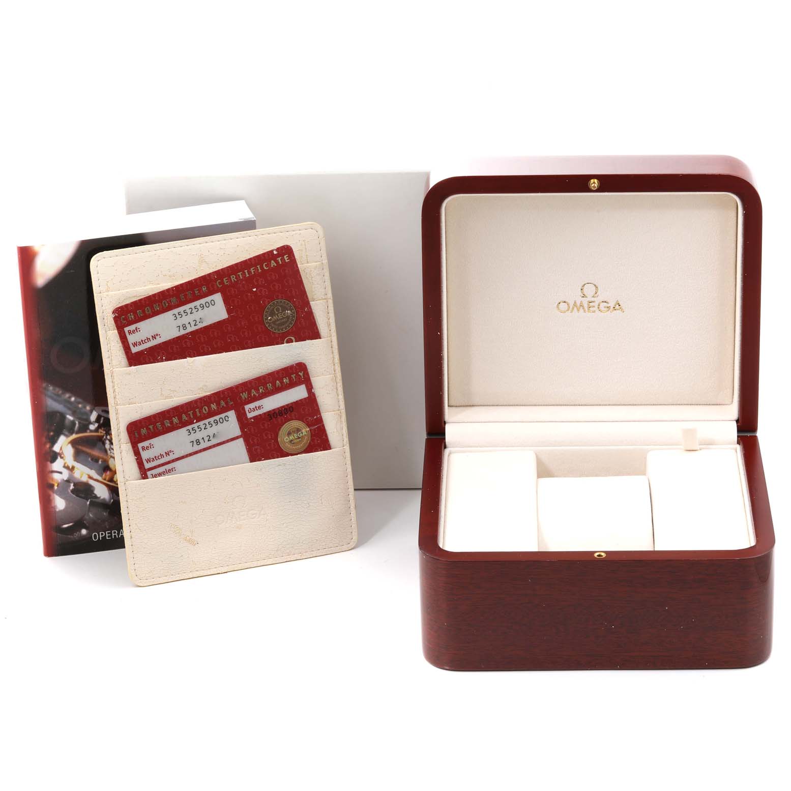 The image shows the Omega Speedmaster 3552.59.00 Men's Stainless Steel Black Dial 3552.59.00 Men's Stainless Steel Black Dial watch's wooden box, warranty cards, and instruction booklet from a front angle.