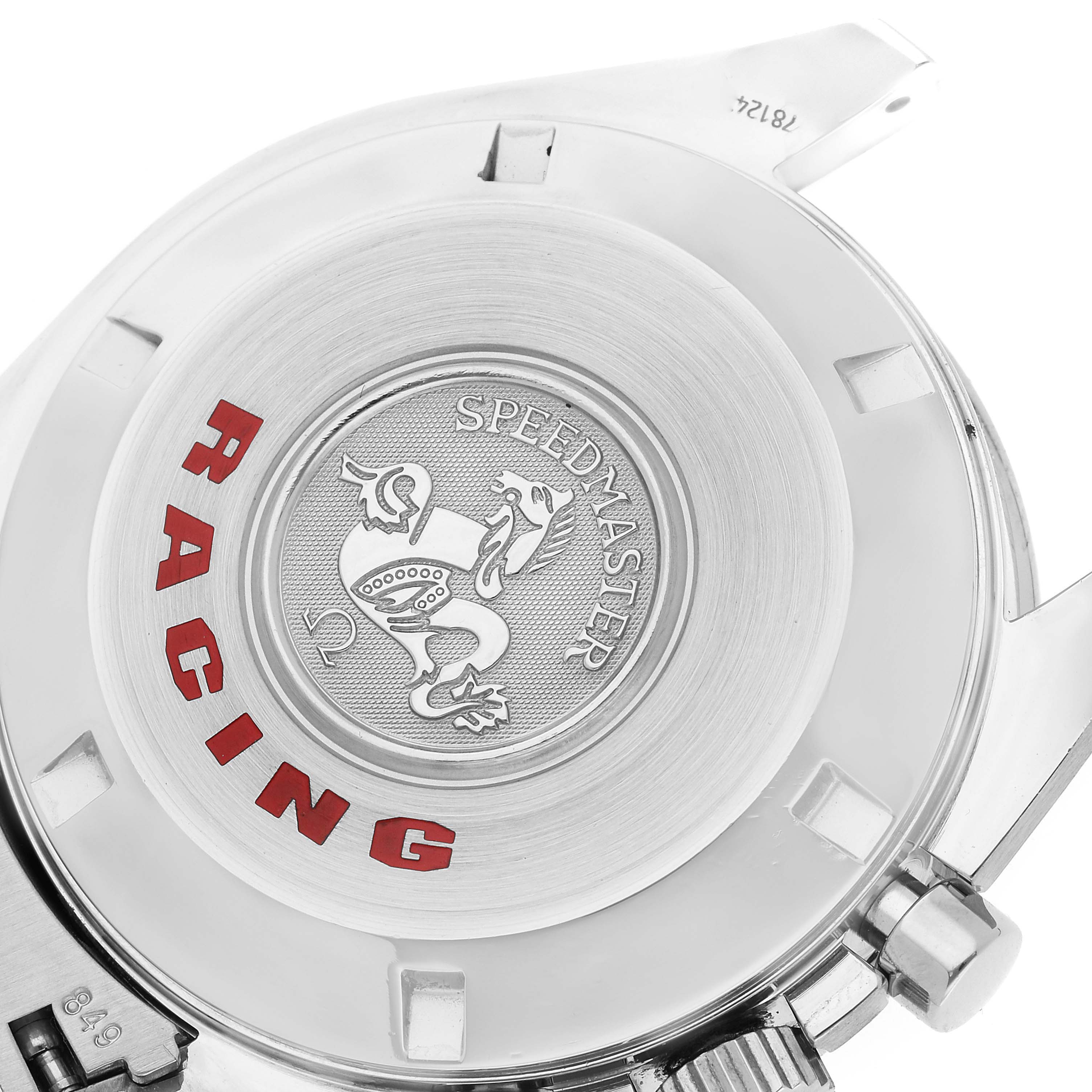 The image shows the case back of an Omega Speedmaster 3552.59.00 Men's Stainless Steel Black Dial 3552.59.00 Men's Stainless Steel Black Dial Racing watch, displaying the logo and "RACING" text.