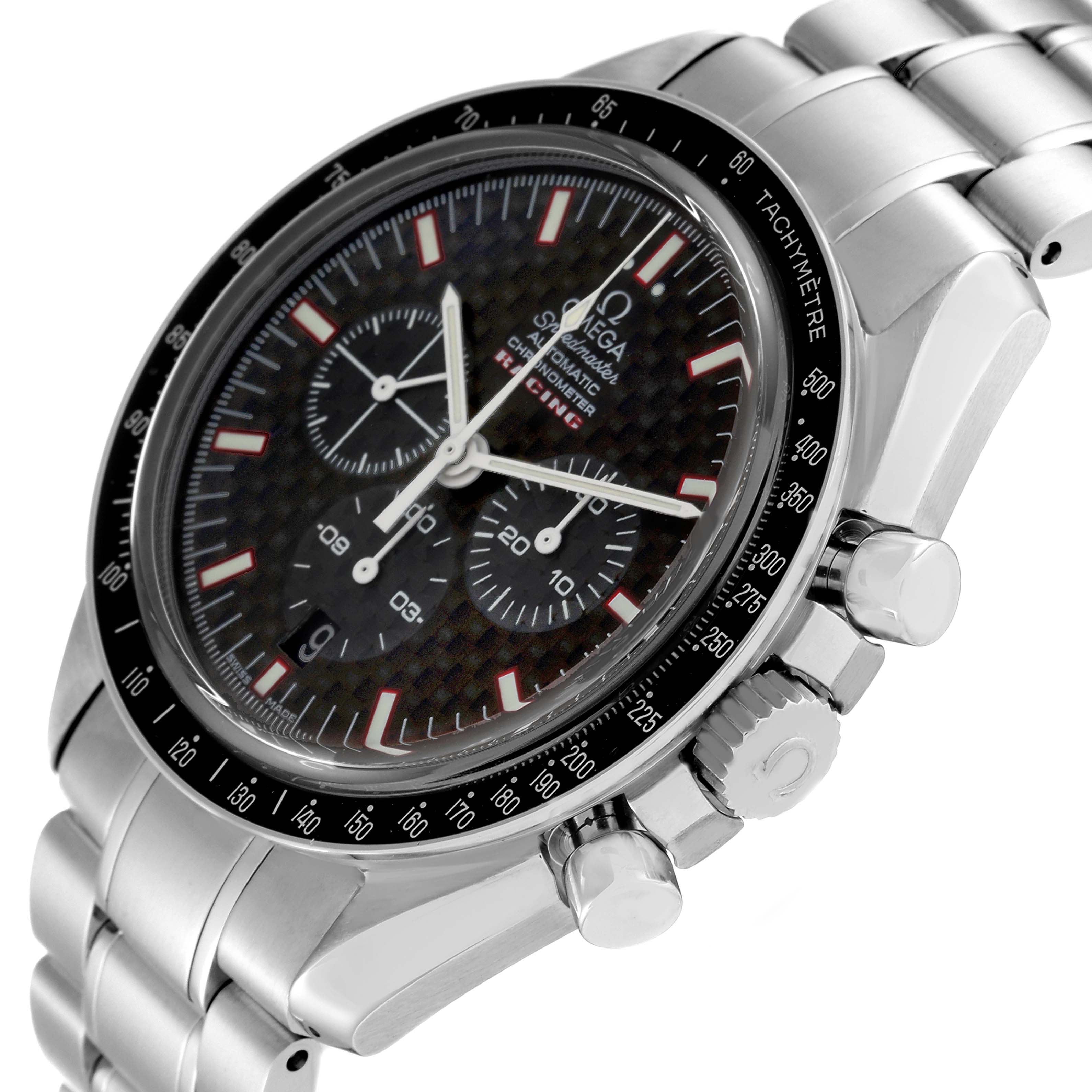 The Omega Speedmaster 3552.59.00 Men's Stainless Steel Black Dial 3552.59.00 Men's Stainless Steel Black Dial watch is shown at an oblique angle, highlighting the dial, chronograph subdials, bezel, pushers, and bracelet.