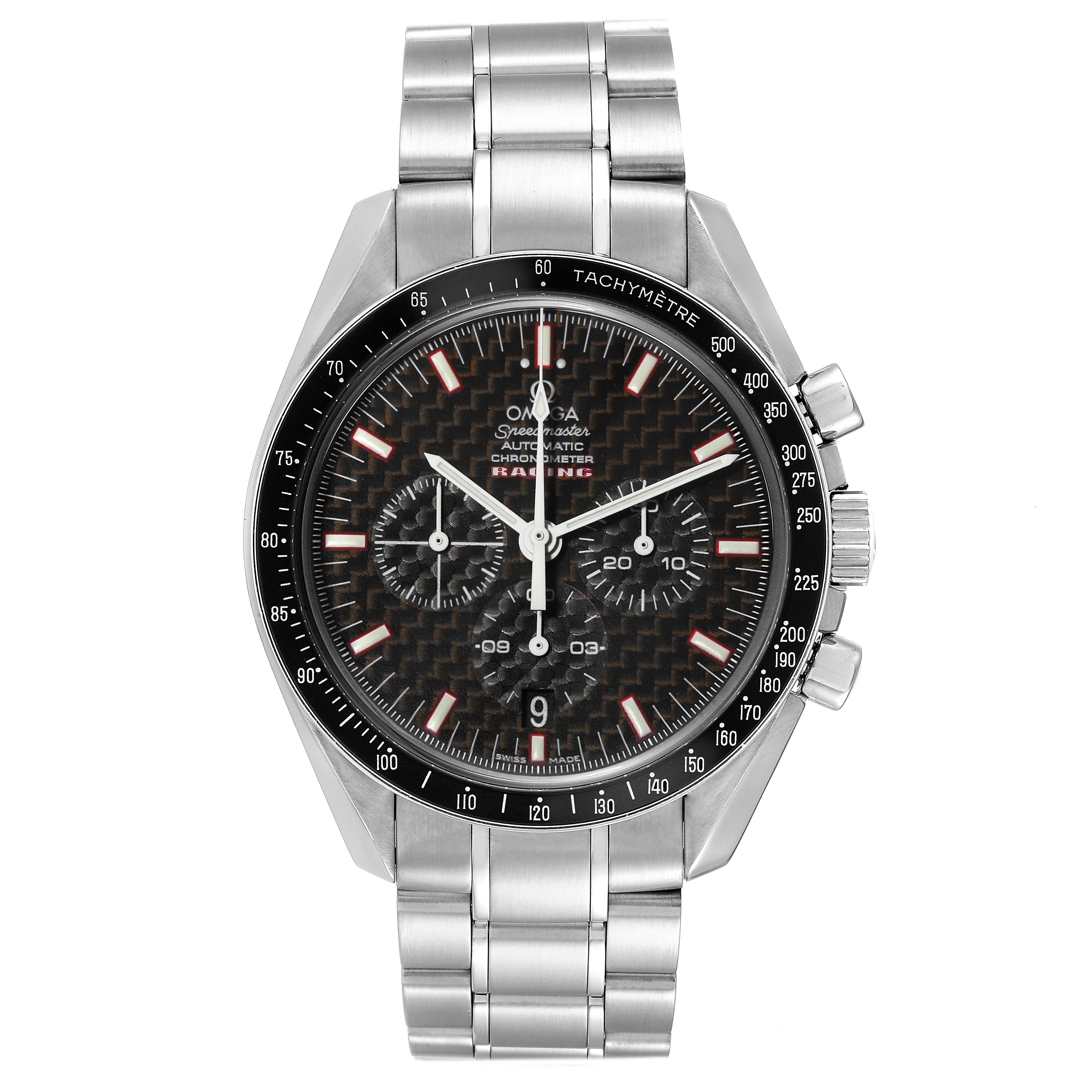 The image shows a front view of the Omega Speedmaster 3552.59.00 Men's Stainless Steel Black Dial 3552.59.00 Men's Stainless Steel Black Dial watch, featuring a metal bracelet and chronograph functions.