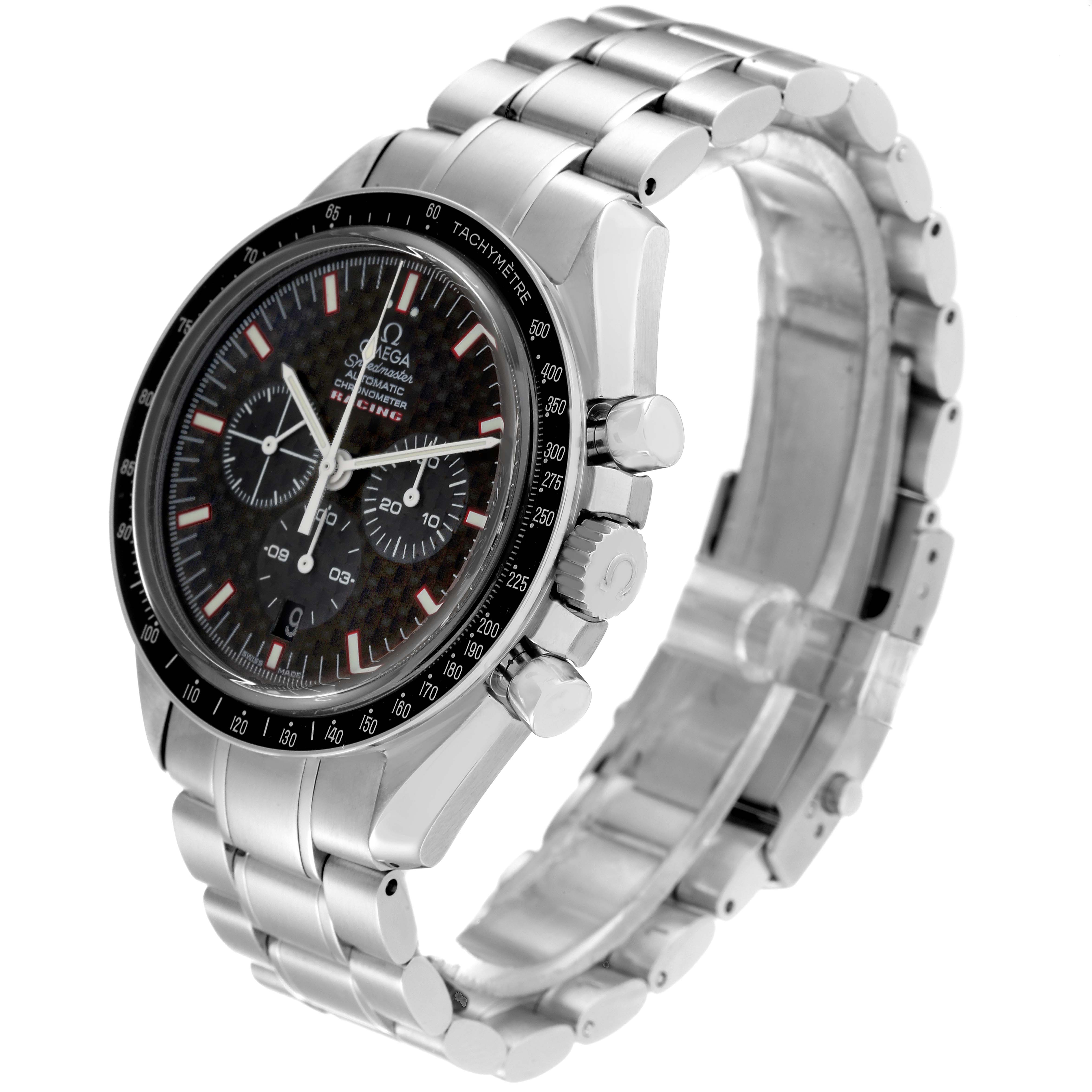 The image shows the Omega Speedmaster 3552.59.00 Men's Stainless Steel Black Dial 3552.59.00 Men's Stainless Steel Black Dial watch at a three-quarter angle, displaying its face, bezel, crown, and bracelet.