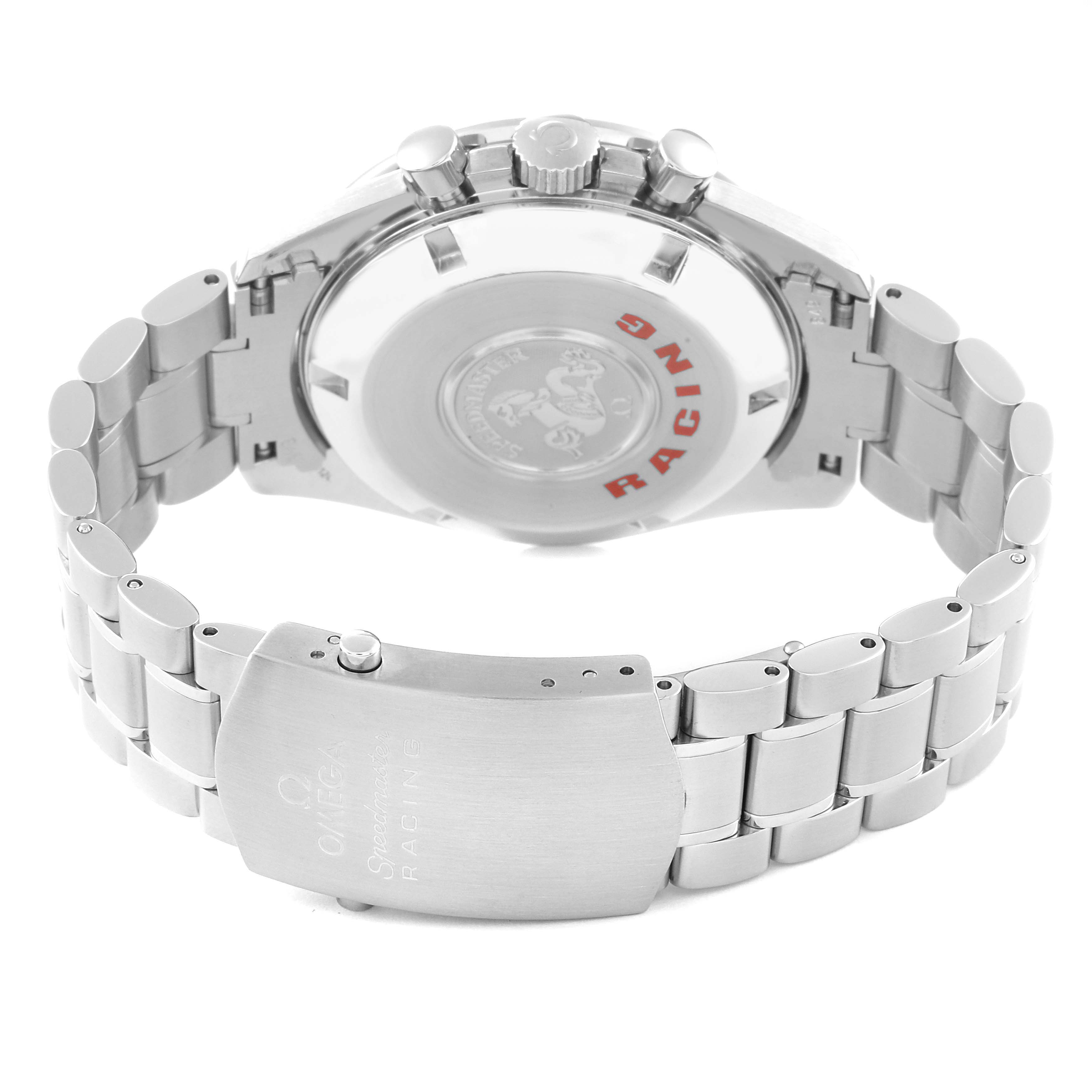 This image shows the back view of an Omega Speedmaster 3552.59.00 Men's Stainless Steel Black Dial 3552.59.00 Men's Stainless Steel Black Dial watch, highlighting the clasp and bracelet.