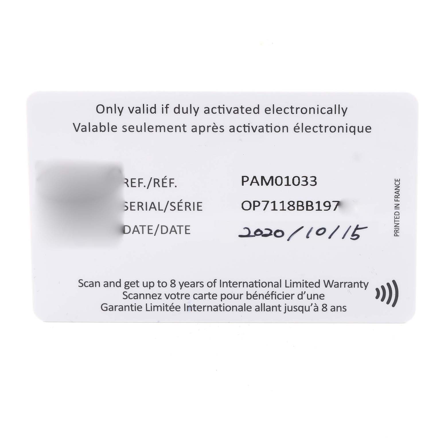 This is the warranty card for the Panerai Luminor PAM01033 Men's Stainless Steel Blue Dial PAM01033 Men's Stainless Steel Blue Dial model PAM01033, showing the reference number, serial number, and date of purchase.