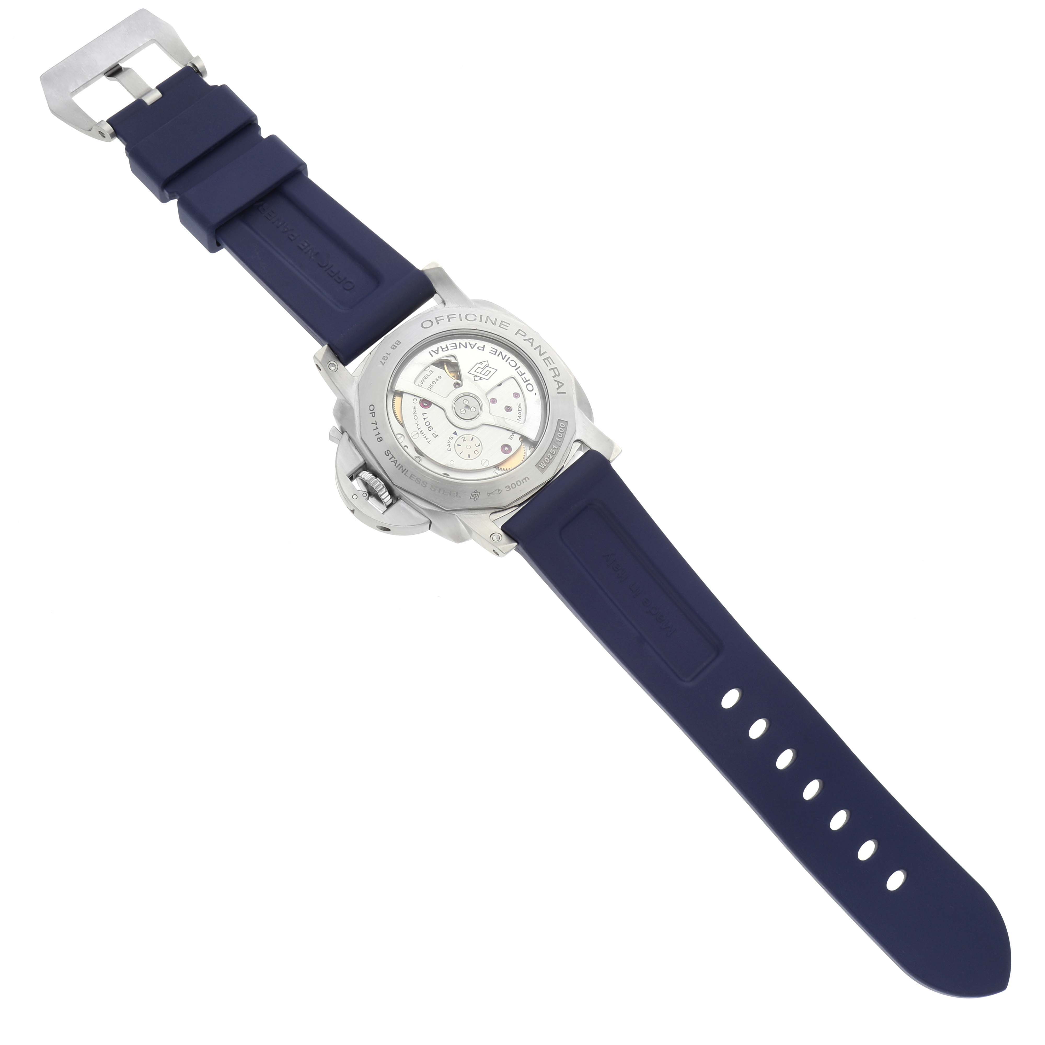 The image shows the back view of a Panerai Luminor PAM01033 Men's Stainless Steel Blue Dial PAM01033 Men's Stainless Steel Blue Dial watch, highlighting the movement and blue strap.