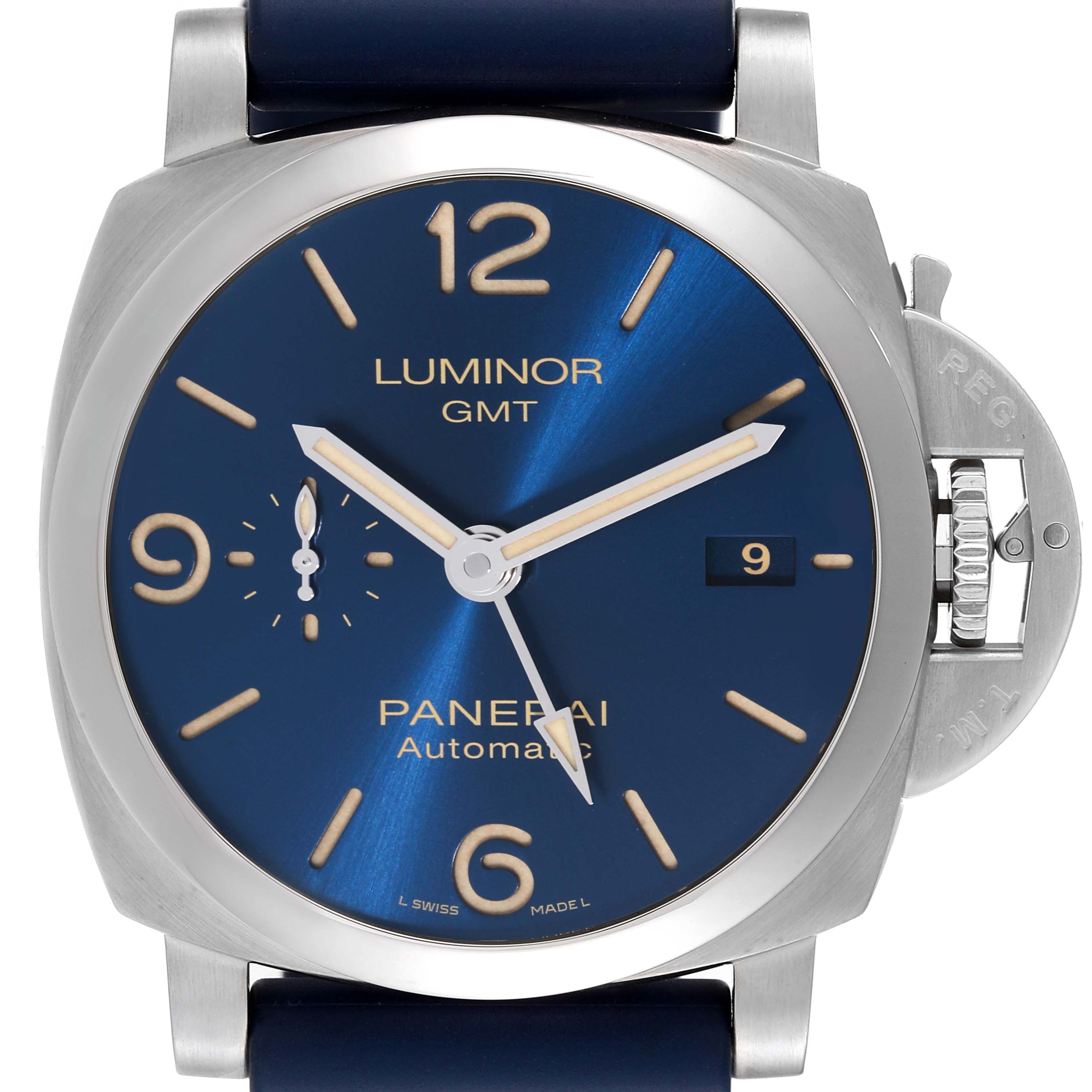 This image shows a front view of the Panerai Luminor PAM01033 Men's Stainless Steel Blue Dial PAM01033 Men's Stainless Steel Blue Dial GMT watch, highlighting the blue dial, crown guard, and numerals.