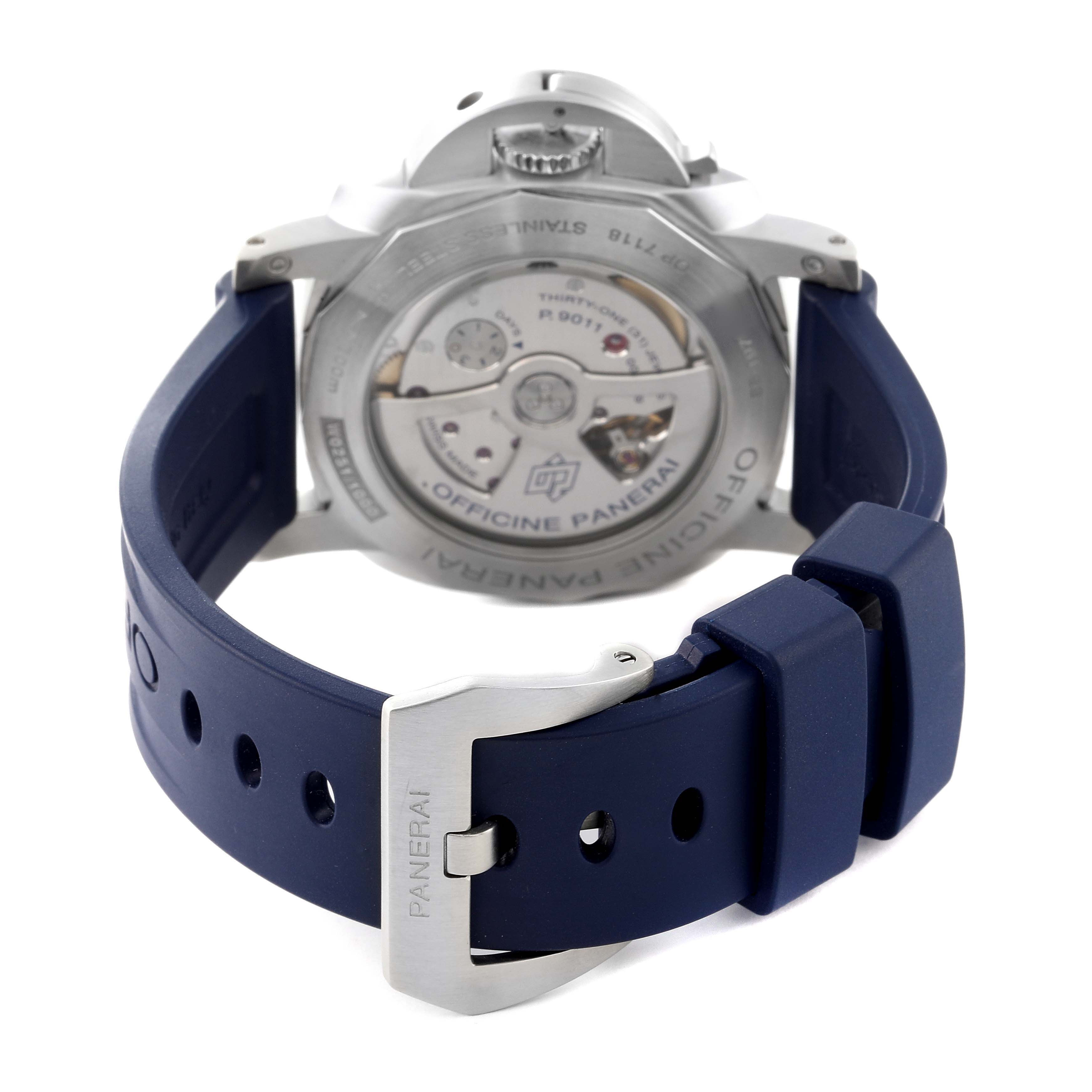 This image shows the back view of a Panerai Luminor PAM01033 Men's Stainless Steel Blue Dial PAM01033 Men's Stainless Steel Blue Dial watch, highlighting its movement and blue strap with a buckle.