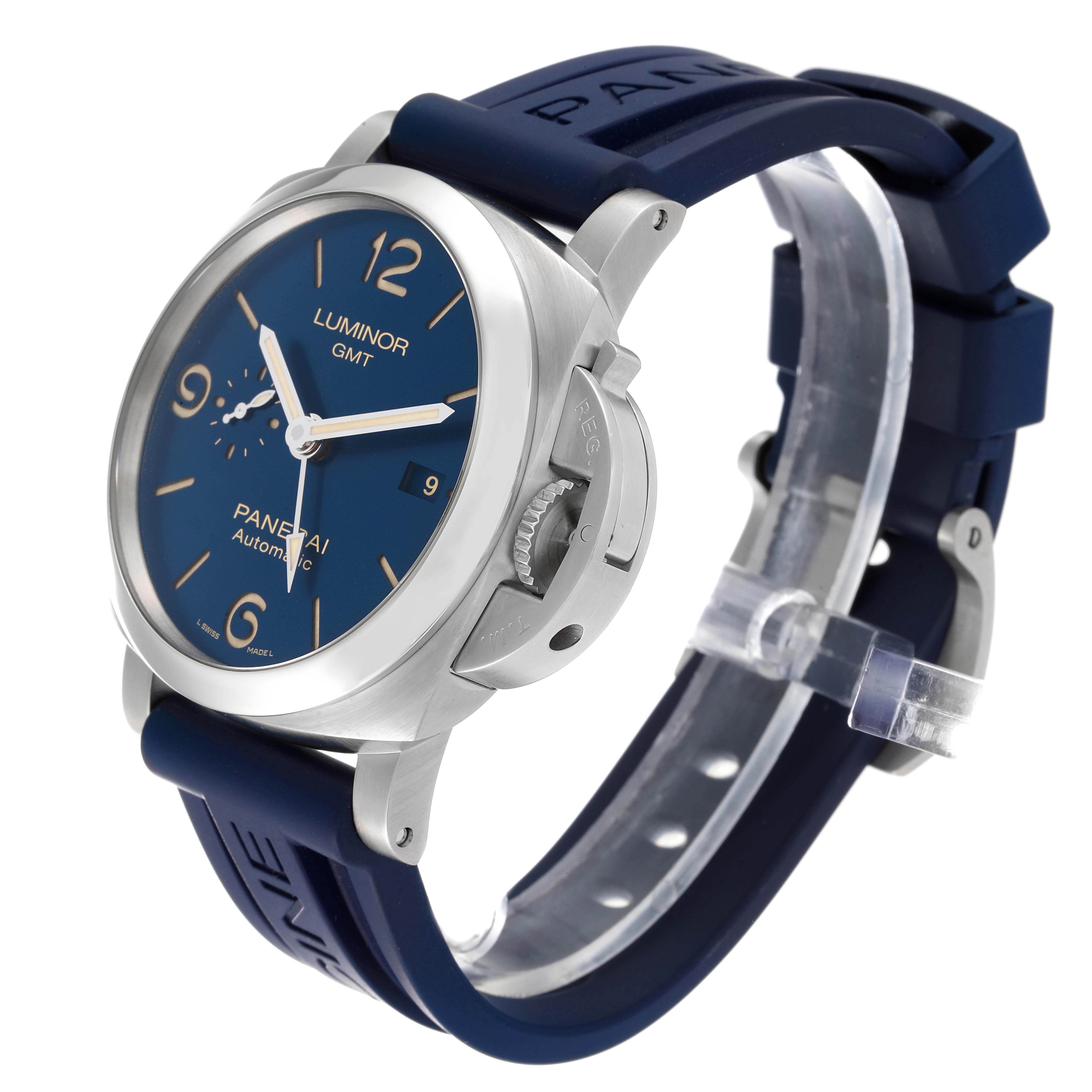 The image shows a Panerai Luminor PAM01033 Men's Stainless Steel Blue Dial PAM01033 Men's Stainless Steel Blue Dial GMT watch at a slight angle, focusing on its blue dial, silver casing, and blue rubber strap.