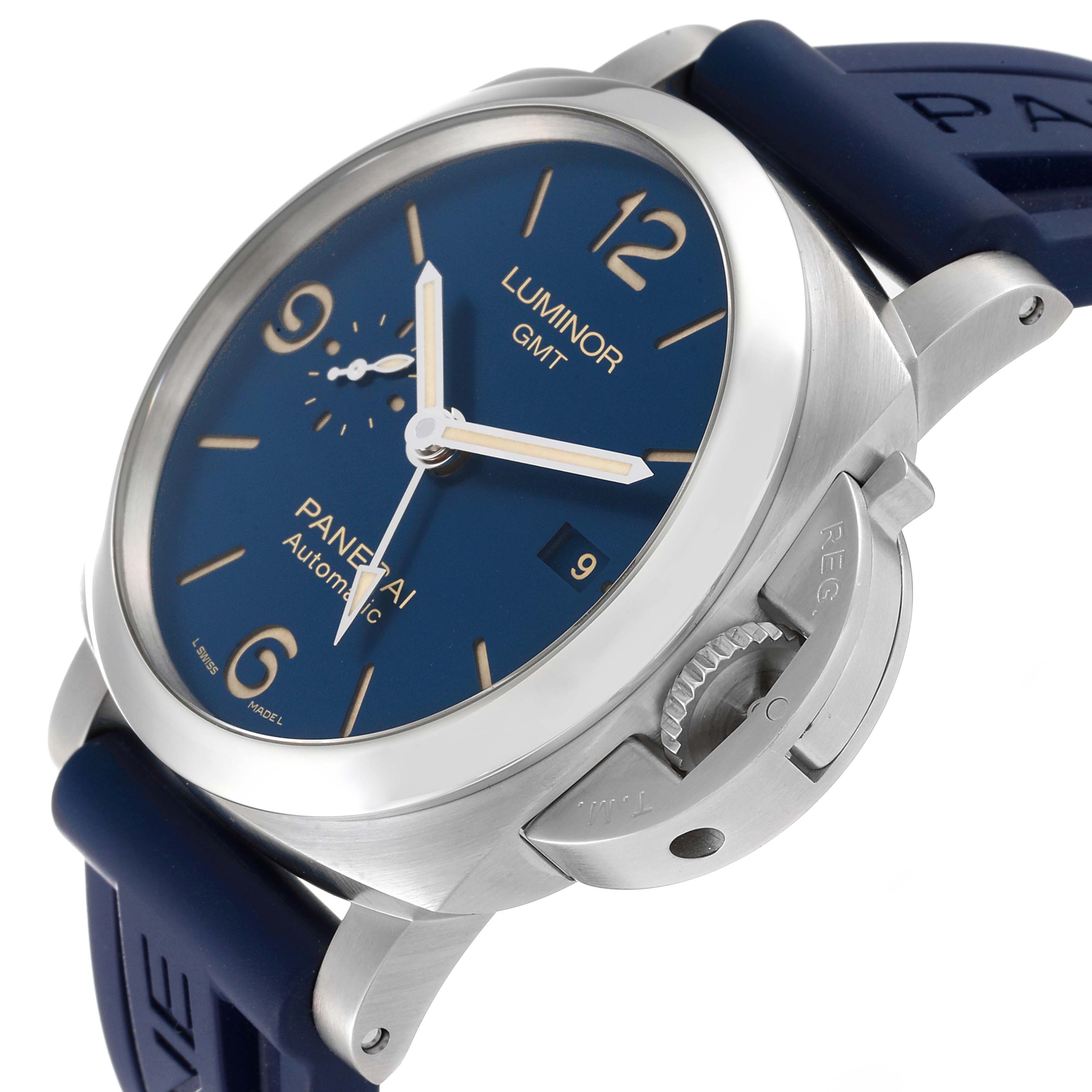 This image shows a Panerai Luminor PAM01033 Men's Stainless Steel Blue Dial PAM01033 Men's Stainless Steel Blue Dial watch at an angle highlighting the face, crown, and part of the strap.