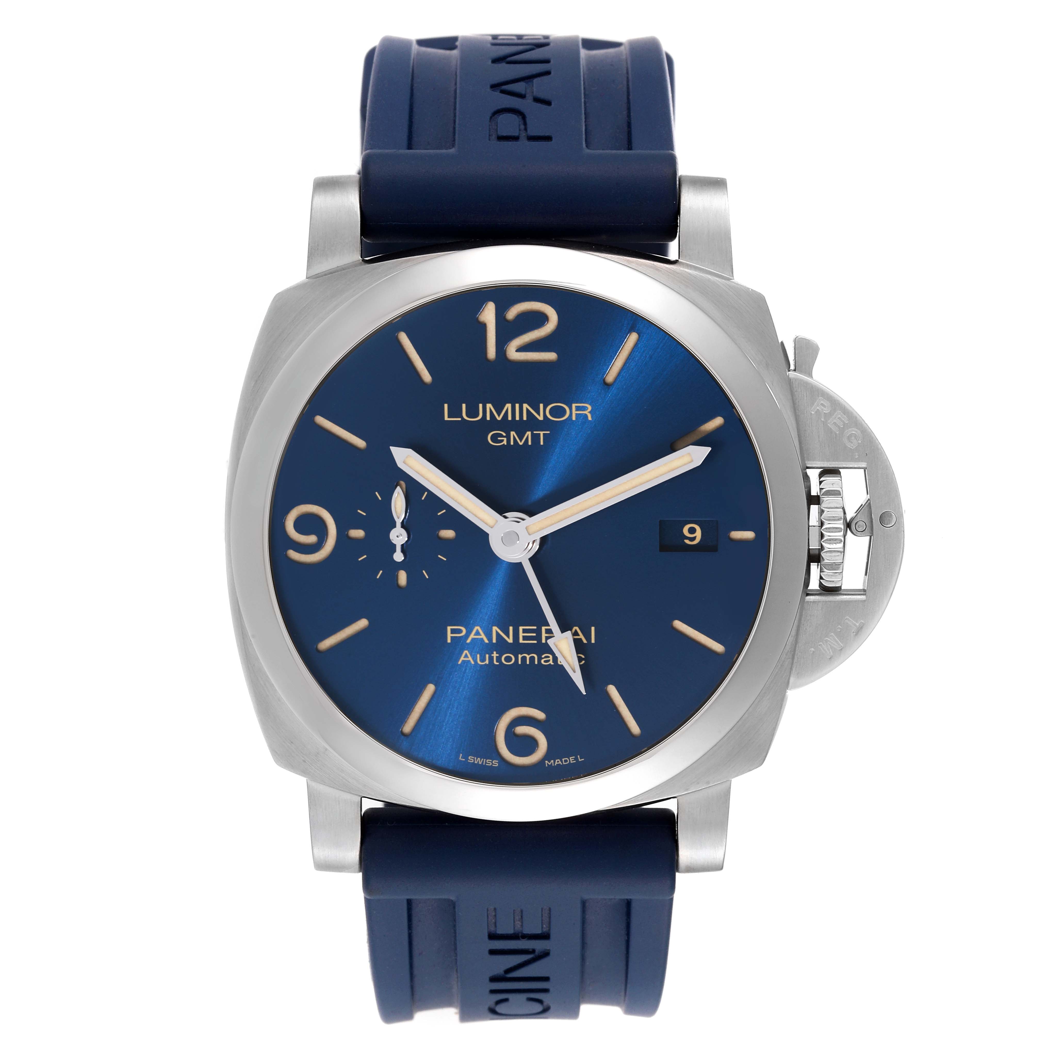 The image shows a front view of a Panerai Luminor PAM01033 Men's Stainless Steel Blue Dial PAM01033 Men's Stainless Steel Blue Dial GMT watch with a blue dial and rubber strap.