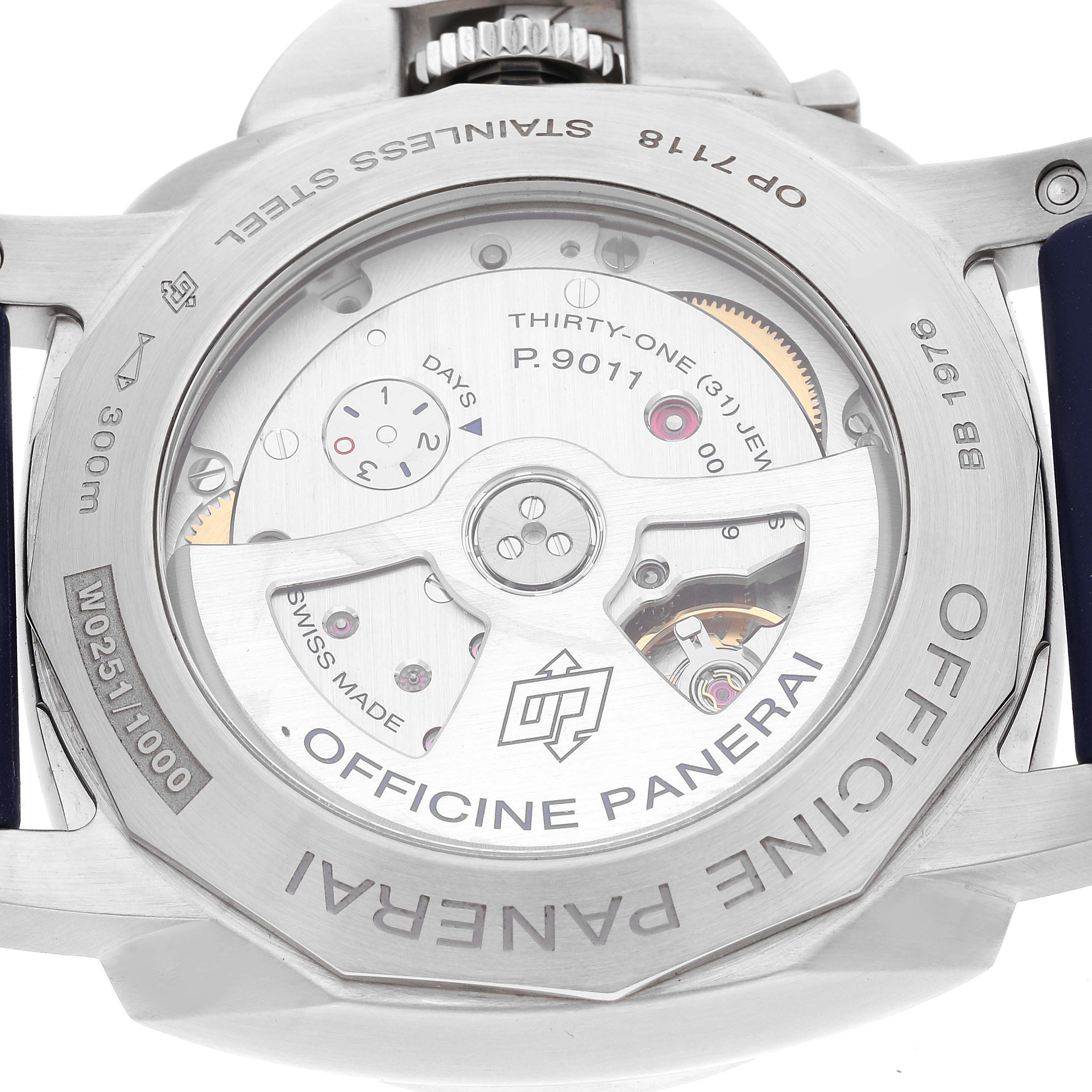 The image shows the back view of the Panerai Luminor PAM01033 Men's Stainless Steel Blue Dial PAM01033 Men's Stainless Steel Blue Dial watch, highlighting the P.9011 movement and inner mechanisms.